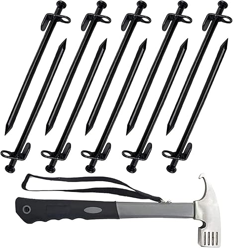 Estacas de tienda de campaña y martillo de tienda de campaña de 12 pulgadas, estacas de campamento resistentes, estacas de acero forjado irrompibles