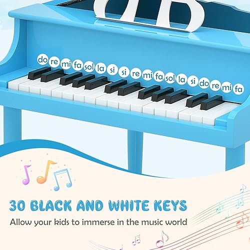 Miniatura 3 de Goplus Piano clásico de 30 teclas para niños, mini piano de cola de madera para aprender a tocar instrumento musical con banco, tapa de piano,