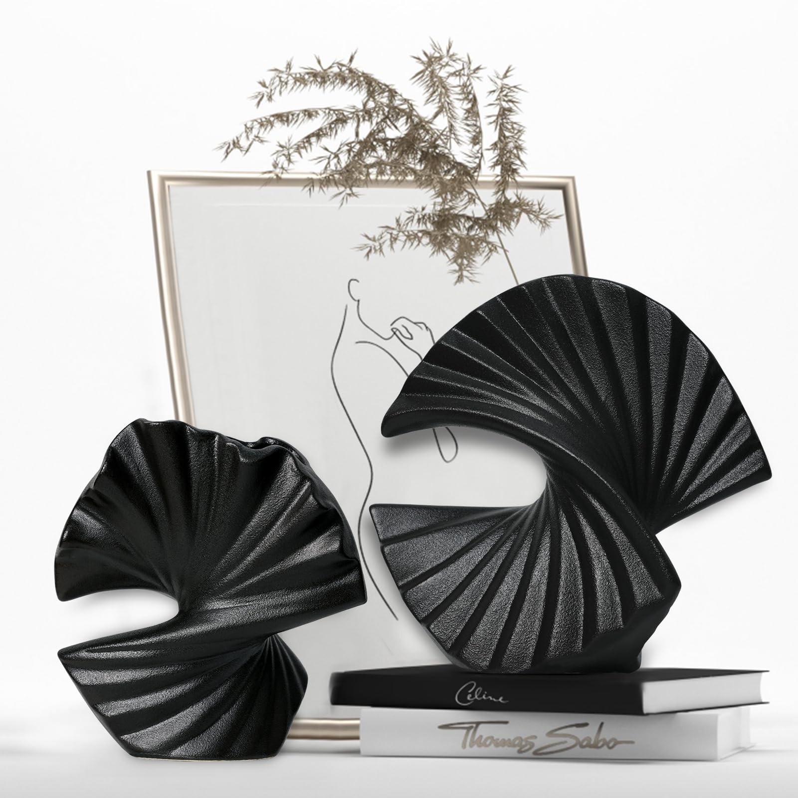 Sector Vase, Set of 2 - Minimalist Nordic, Black Ceramic Sector Vase Vase Decor | Table Centerpiece, Olive Plant, Wedding, Living Room, Bookshelf, Office, Modern Home, Entryway, Console