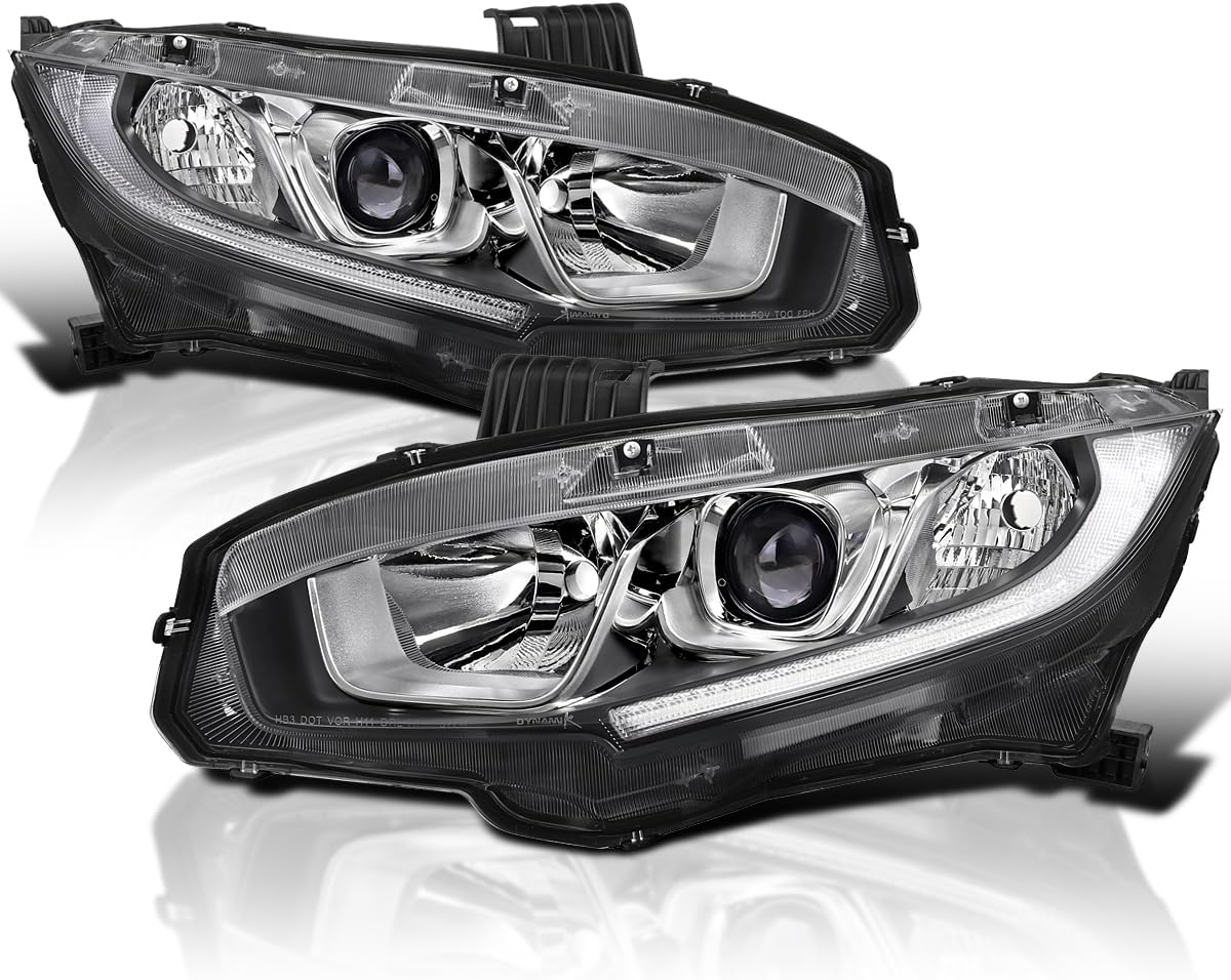 SPEC-D TUNING Black Smoke LED Strip Projector Headlights Compatible with 2016-2021 Honda Civic 10th Gen Halogen Models, Left + Right Pair Headlamps Assembly