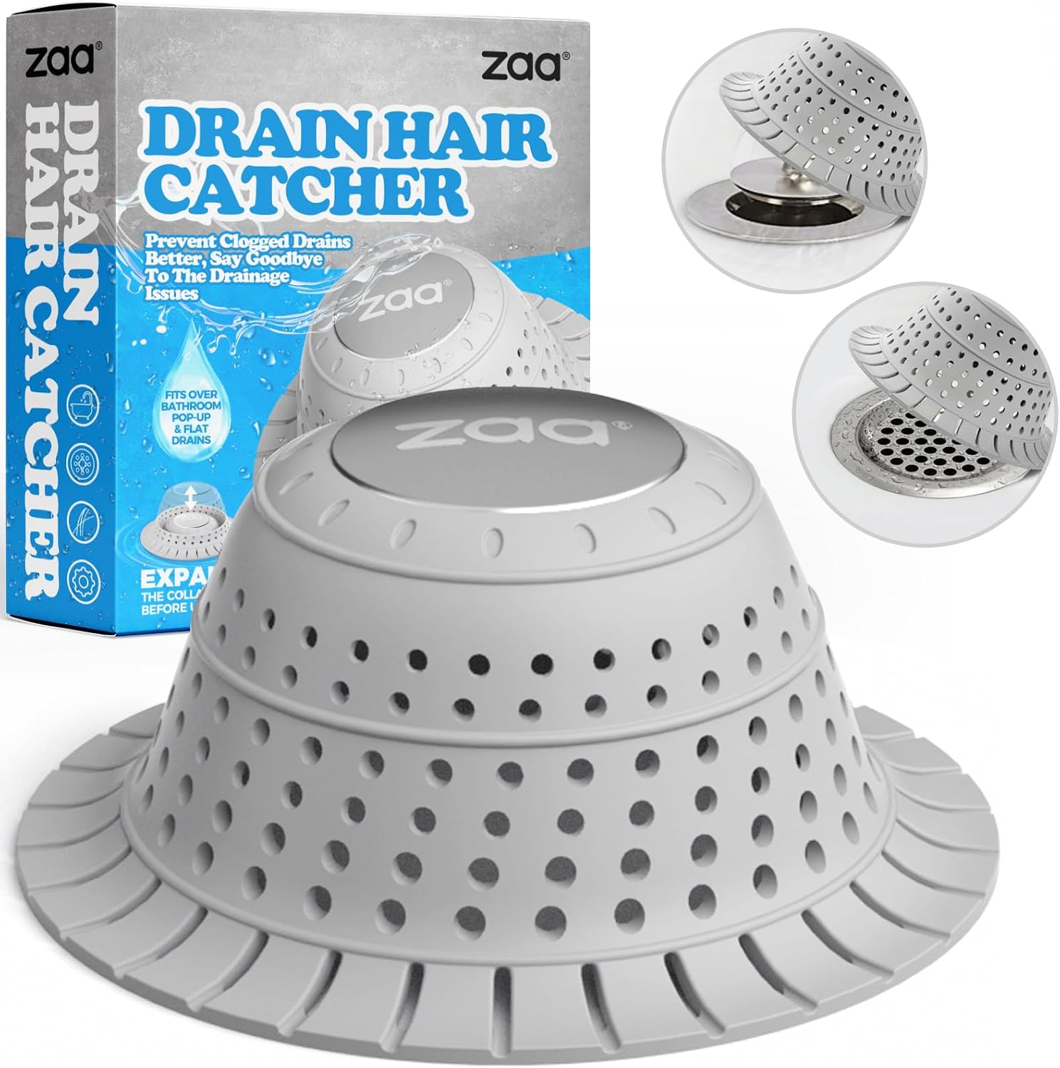 zaa Hair Catcher for Bathtub Drain, Silicone Collapsible 1 Pack Drain Hair Catcher, Drain Cover for Pop-Up and Regular Drains of Shower Shower, Bathtub, Tub, Bathroom, Sink, Light Grey