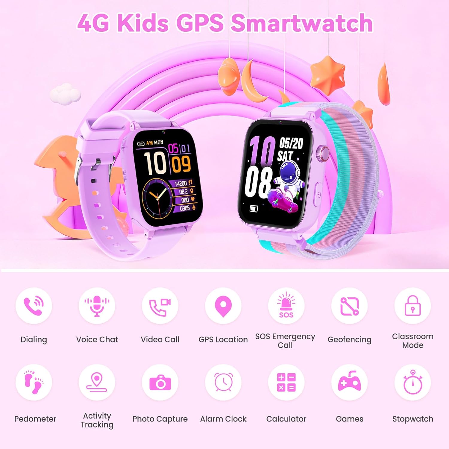 4g kids smart watch phone gps, smartwatch for boys girls ages 4-12 years with video call chat class mode sos camera alarm games parental app touch watch gifts for children (includes sim card) purple dark purple