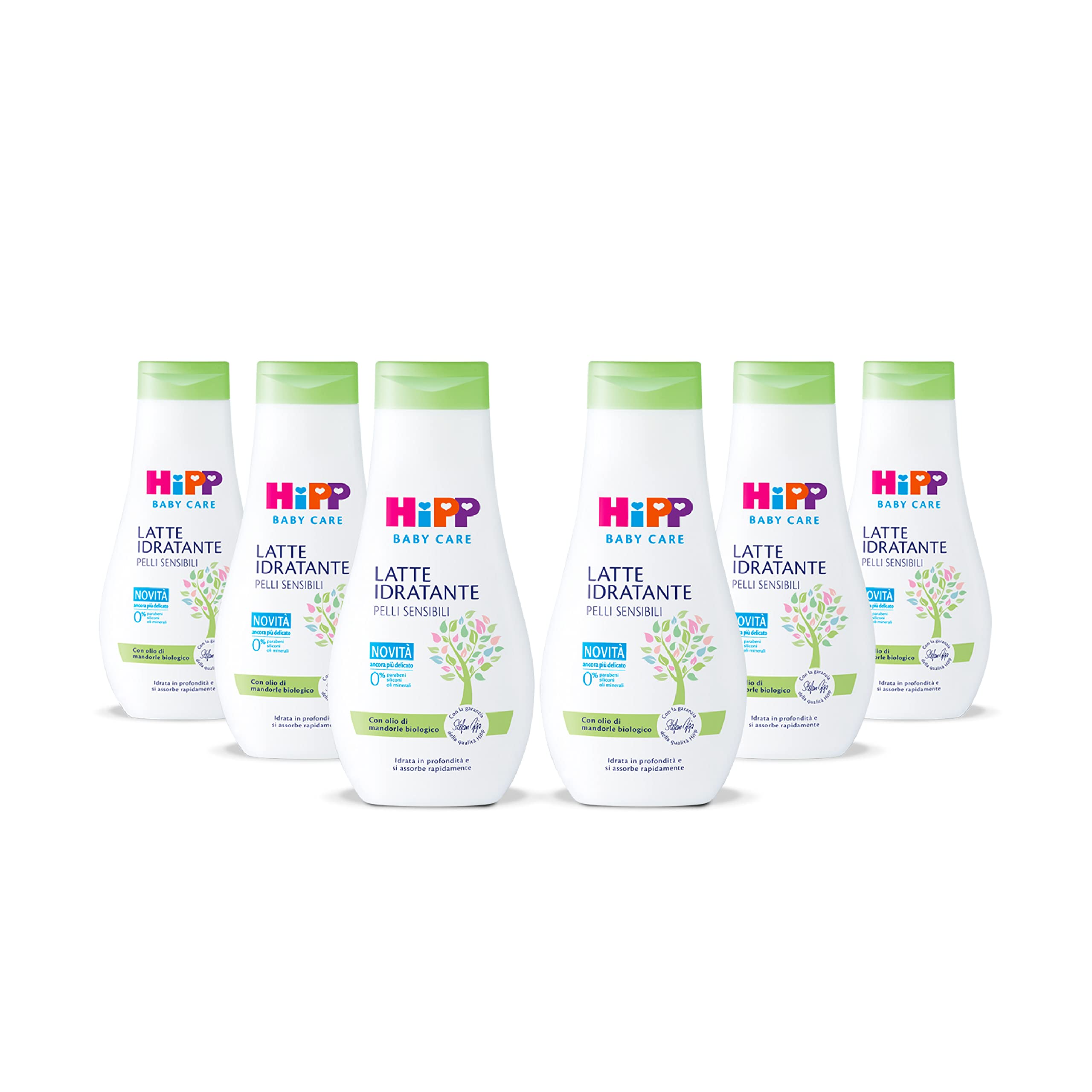 HiPP Baby Care - Nawilżanie mleka dla niemowląt i dzieci, głęboko nawilża, dla skóry wrażliwej, neutralne pH z olejem migdałowym i masłem shea, 6 butelek po 350 ml