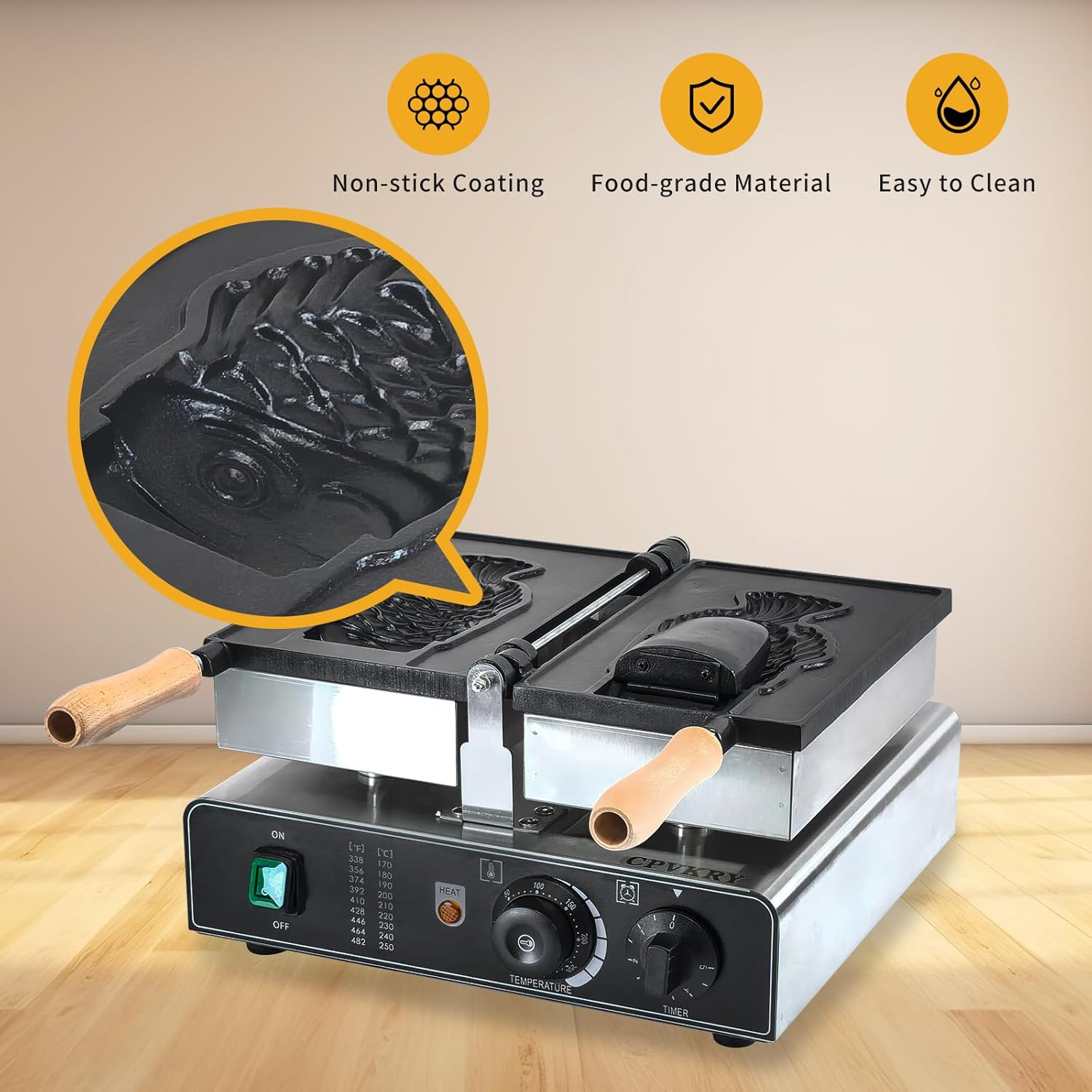 Taiyaki Waffle Maker/Fish-Shaped Waffle Iron Ice Cream Waffle Cone Maker/Non-Stick Teflon Coating,50-300℃/122-572℉ Adjustable