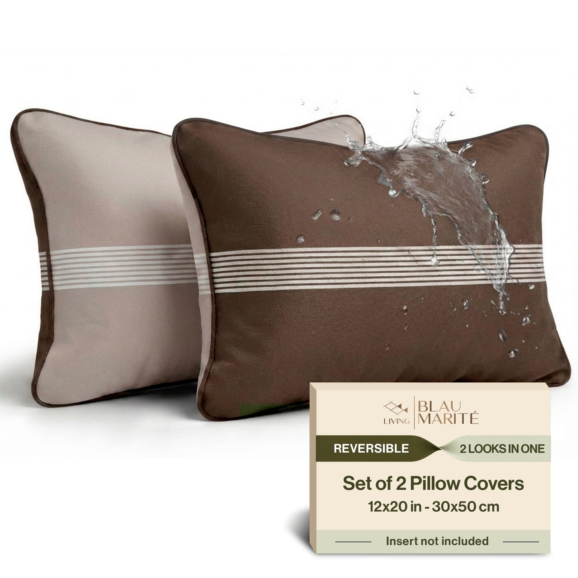 Blau Marité Outdoor Waterproof Pillow Covers – Decorative Stripe Cushion Cover in Brown & Beige with Off-White Center Lines for Patio, Garden and Balcony – 30×50 cm · 12×20 in — image 1