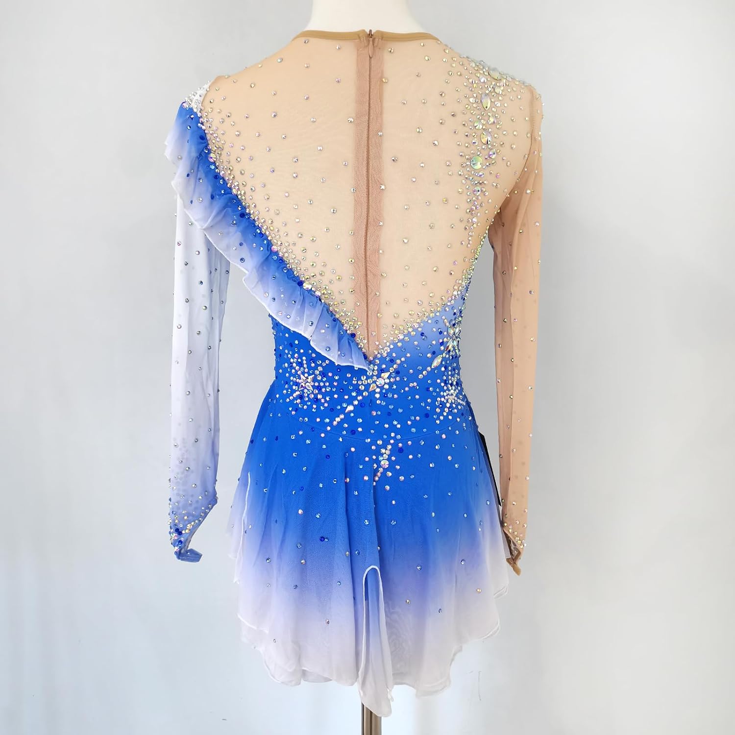 Girls' Blue Long Sleeve Figure Skating Dress Professional Customized Competition Costume