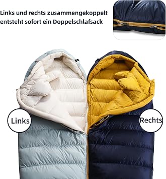 Down sleeping bag winter sleeping bag with anti-static graphene lining 620FP fill power 1450 g24 °C to 0 °C suitable for camping hiking and trekking.