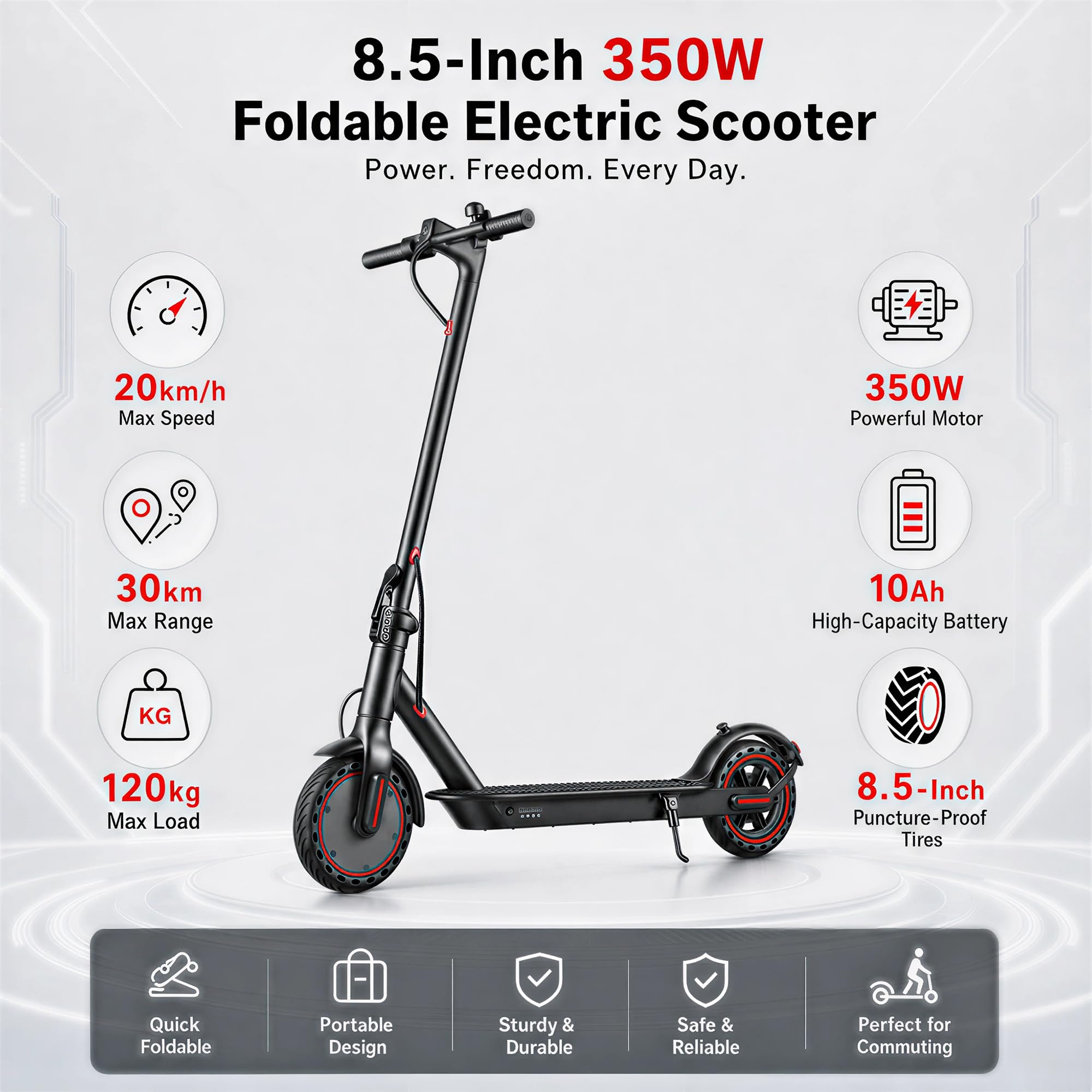 Patinete eléctrico plegable para adultos, 10,4 Ah, autonomía 25/35 km, neumáticos sólidos 8,5", carga máxima 120 kg, control con App