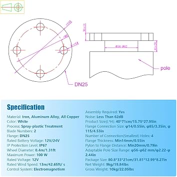 100WWind Turbine, 12V IP67Wind Turbine Generator Kit,Vertical Axis Wind Turbine Generator w/Controller, 13m/s Rated Wind Speed Wind for Home, Boats, Gazebos, Cabins, etc (White)