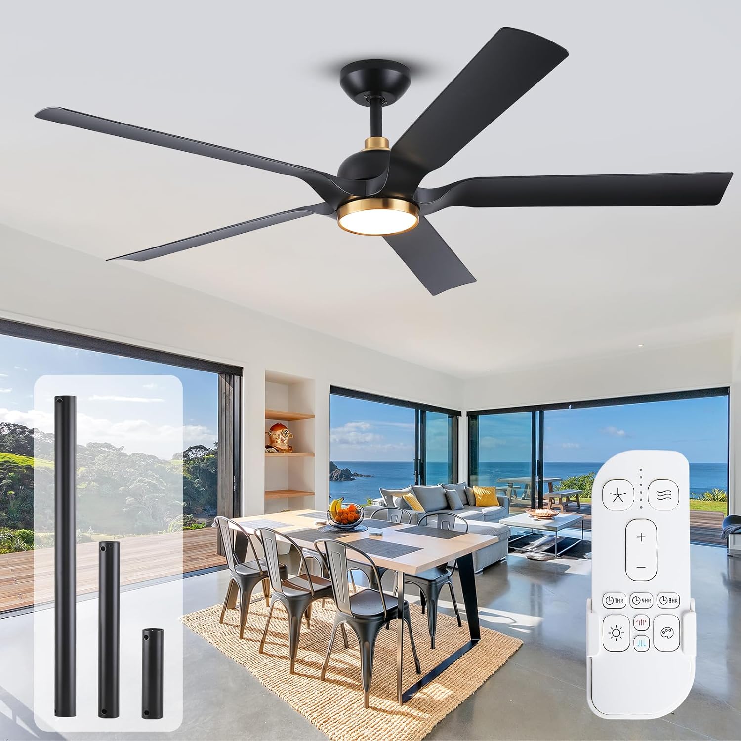 60 Inch Outdoor Ceiling Fan for Patios with Light, Black Gold Ceiling Fan with Long Downrods and Remote Control, 8299 High CFM, Indoor Exterior Fan with Reversible Quiet DC Motor, ABS Blade