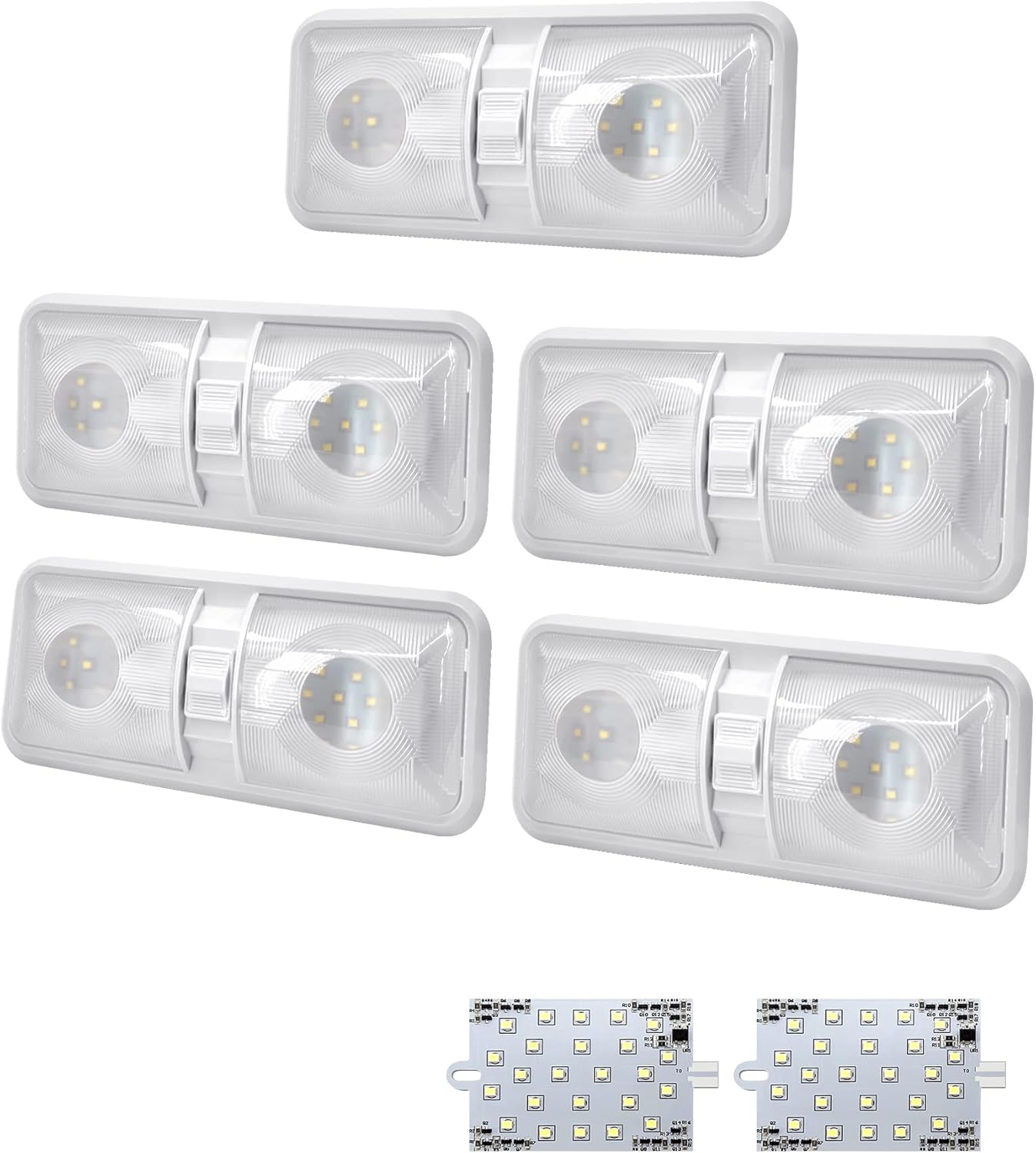 LENKRAD 5 Packs RV Lights Interior Double Dome 12V Led Light with Led Bulb, RV Light Fixtures for Car RV Trailer Camping Boat, Natural White 4000-4500K, White Light 6000-6500K