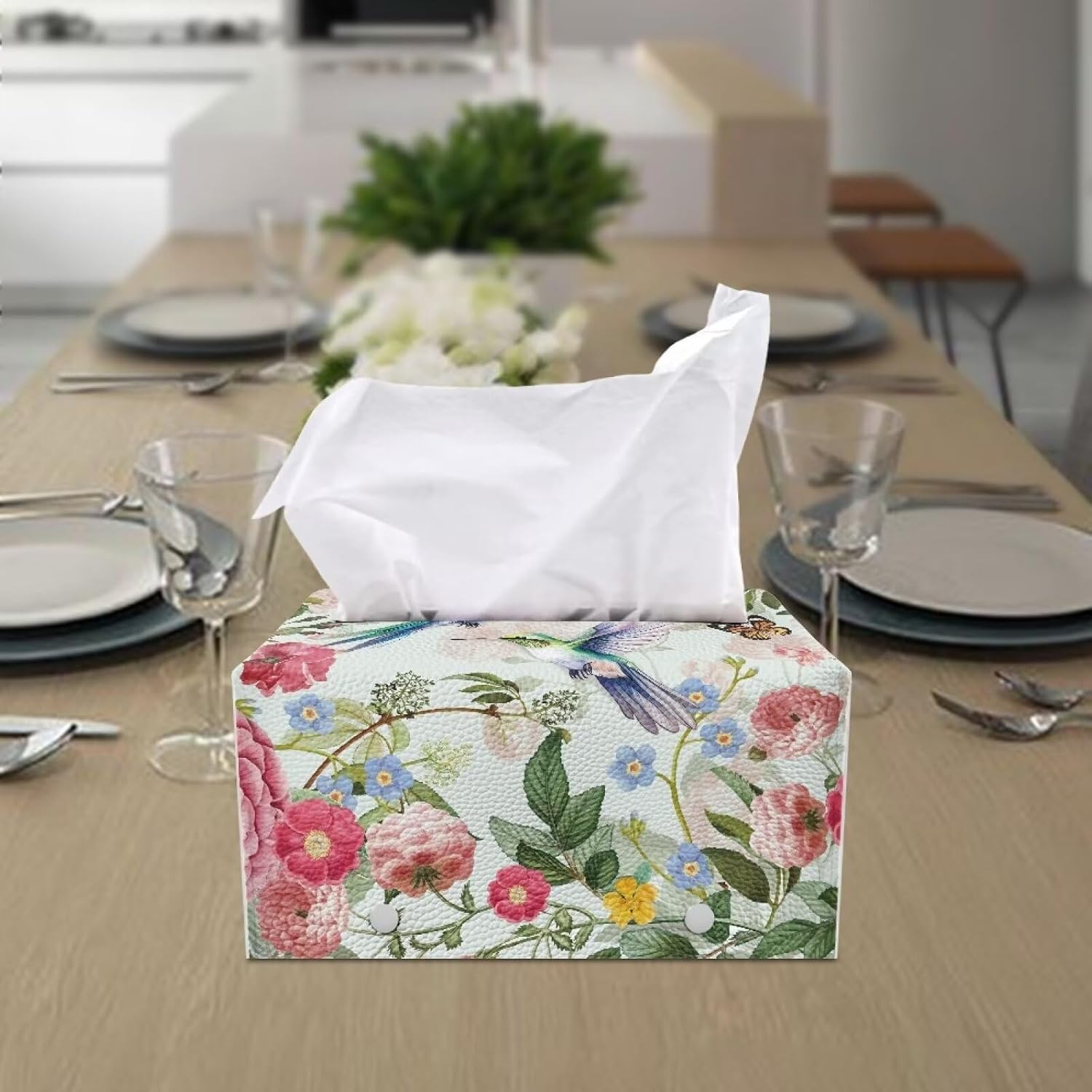 Wildflower Rectangle Tissue Box Cover Modern PU Leather Rectangular Tissue Box Tissue Box Holder Waterproof Tissue Cover Decorative Tissue Box Organizer for Bathroom