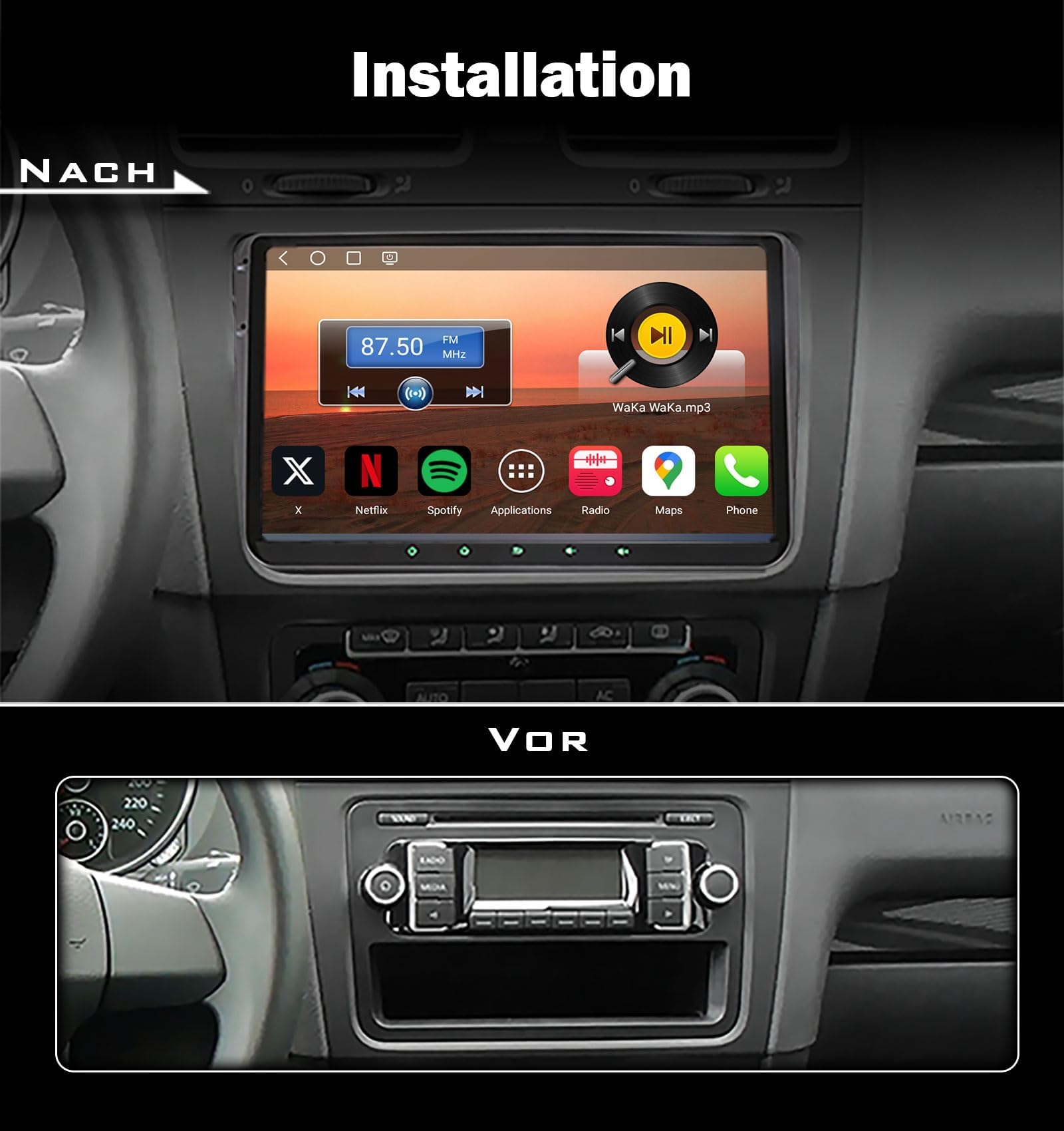 Erisin 9" Qualcomm 8-rdzeniowy 4 GB + 64 GB Android 14 radio samochodowe Bluetooth GPS nawigacja do VW Golf 5/6 Passat B7/B6 Polo 6R Tiguan Caddy T5 Skoda Seat CarPlay Android Auto WiFi 4G DSP USB RDS