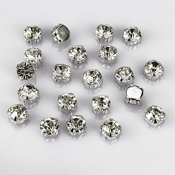 TM 50 Pcs Crystal Ringed Sew on Rhinestone Czech Glass with Silver Plated Brass Base Prongs Cup, White 8 mm
