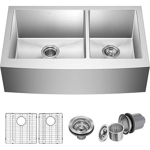 KRAUS Standart Pro 33-Inch Apron Front Farmhouse 16-Gauge 60/40 Double Bowl Stainless Steel Kitchen Sink, KHF203-33