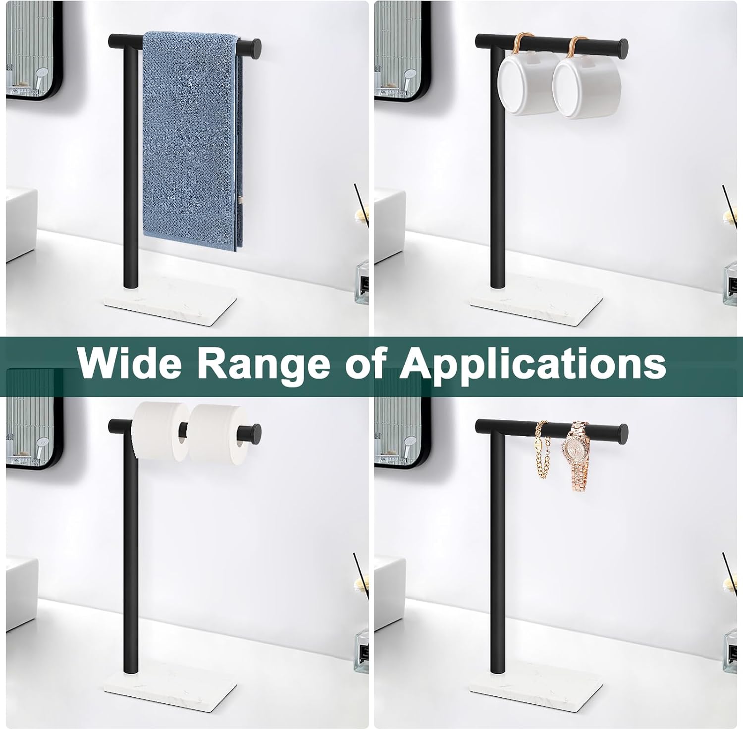 Hand Towel Holder, Hand Towel Stand for Bathroom with Marble Base, 304 Stainless Steel L Shape Hand Towel Rack Bar Standing for Vanity Kitchen Countertop, Matte Black