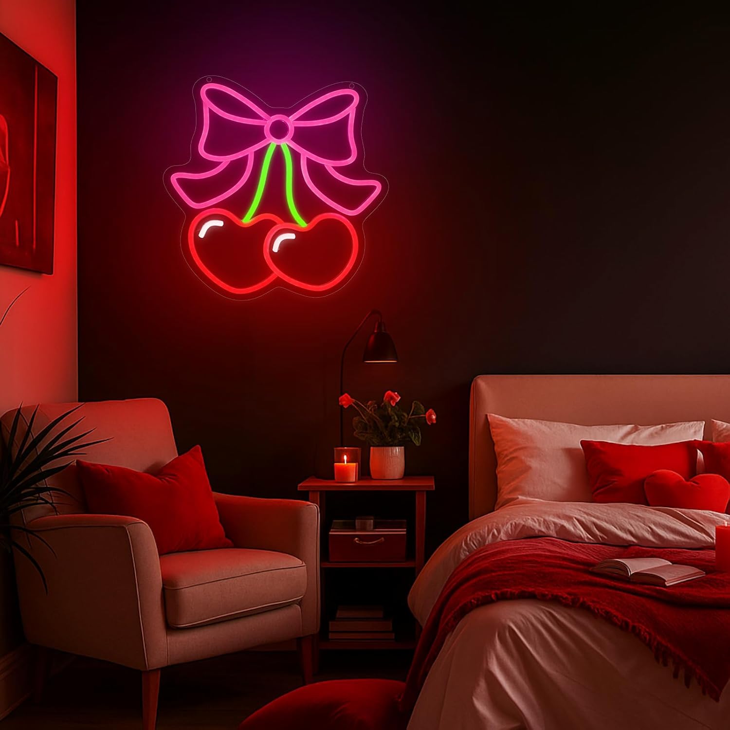 Huquary Valentines Galentines Day Decor Valentines Cherry Bow Neon Sign Window Light Heart LED Light USB Powered 11.8 x 11.8'' Adjustable Lighting for Cherry Birthday Party Room Bedroom Wall Decor
