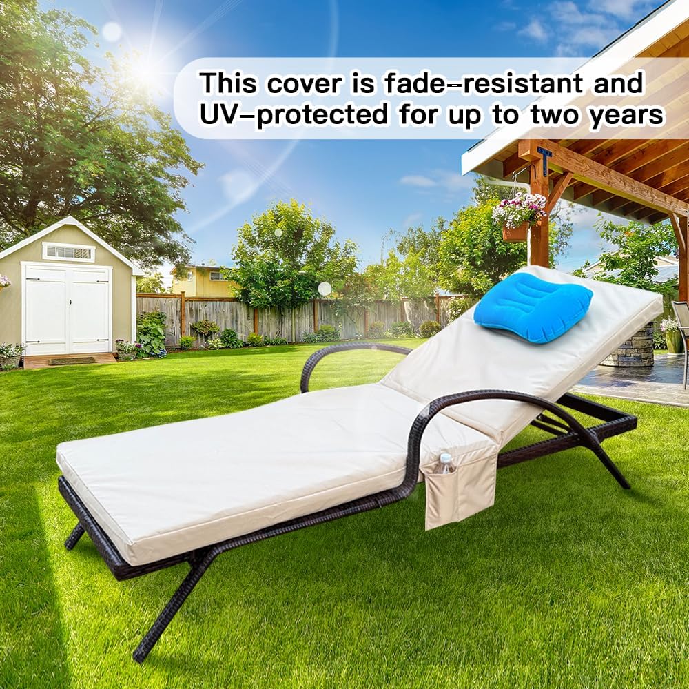 Replacement Covers for Outdoor Chaise Lounge Cushions, 80 x 26 x 3 Inch Patio Lounge Chair Cushion Covers–Waterproof, Fade-Resistant, with 2 Pockets & Inflatable Headrest (Cover Only) Khaki