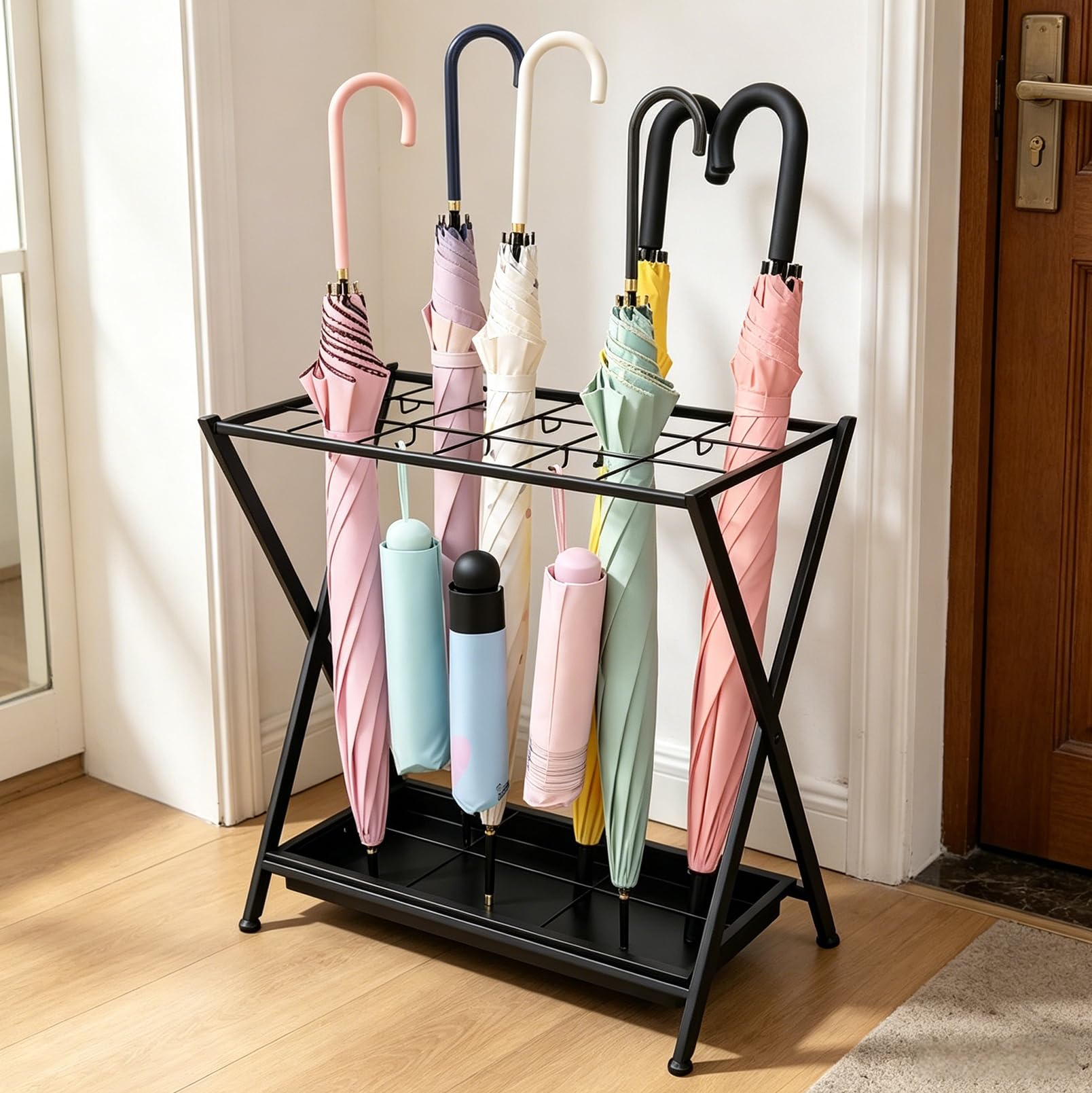 Vehiwell Umbrella Stand for Hallway Holder with 18 Holes and 10 Hooks