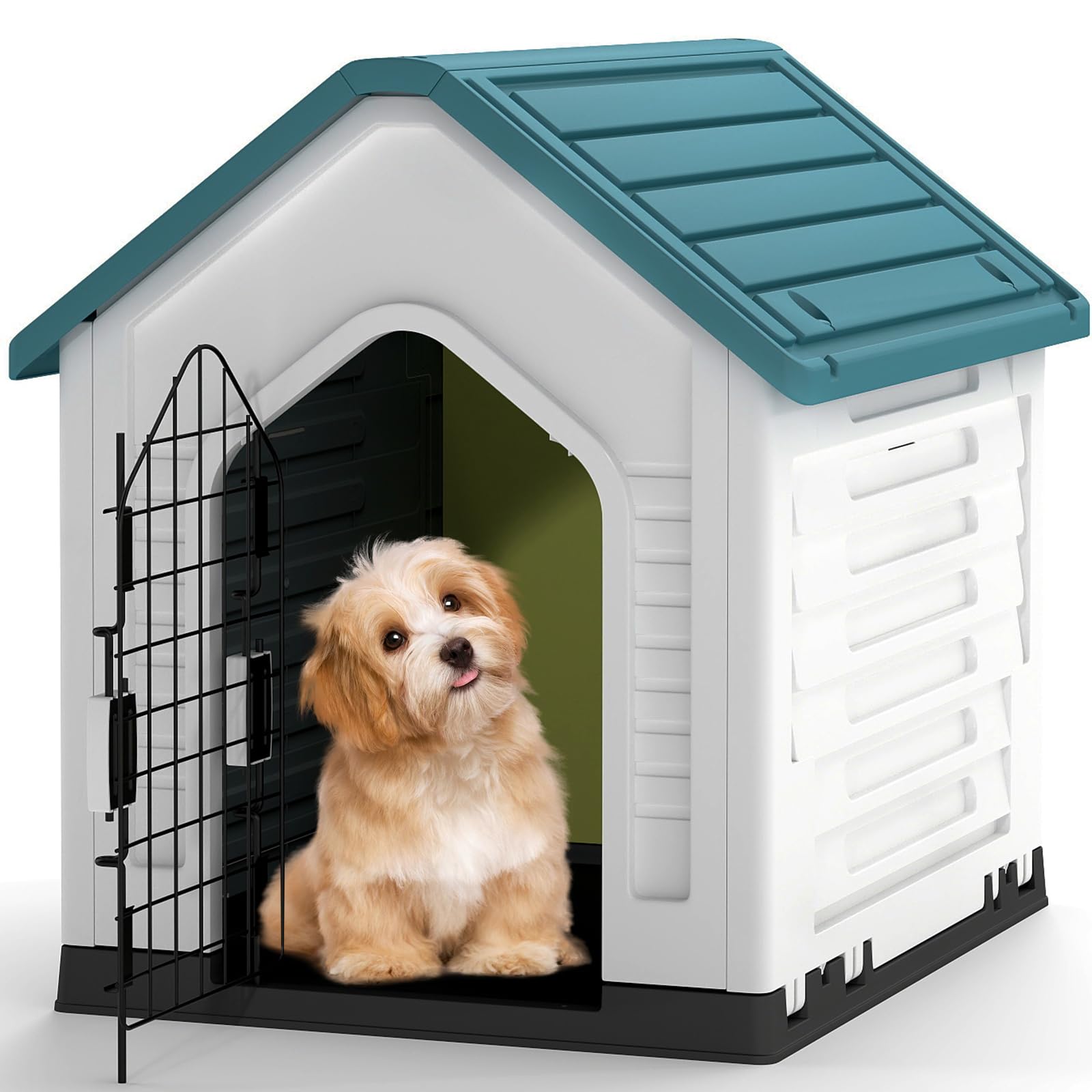 GYMAX Plastic Dog House, Indoor Outdoor Dog Kennel with Metal Lockable Door, Air Vents & Sloping Roof, Puppy Shelter for Small Medium Cats Rabbits Puppies (Blue+White)