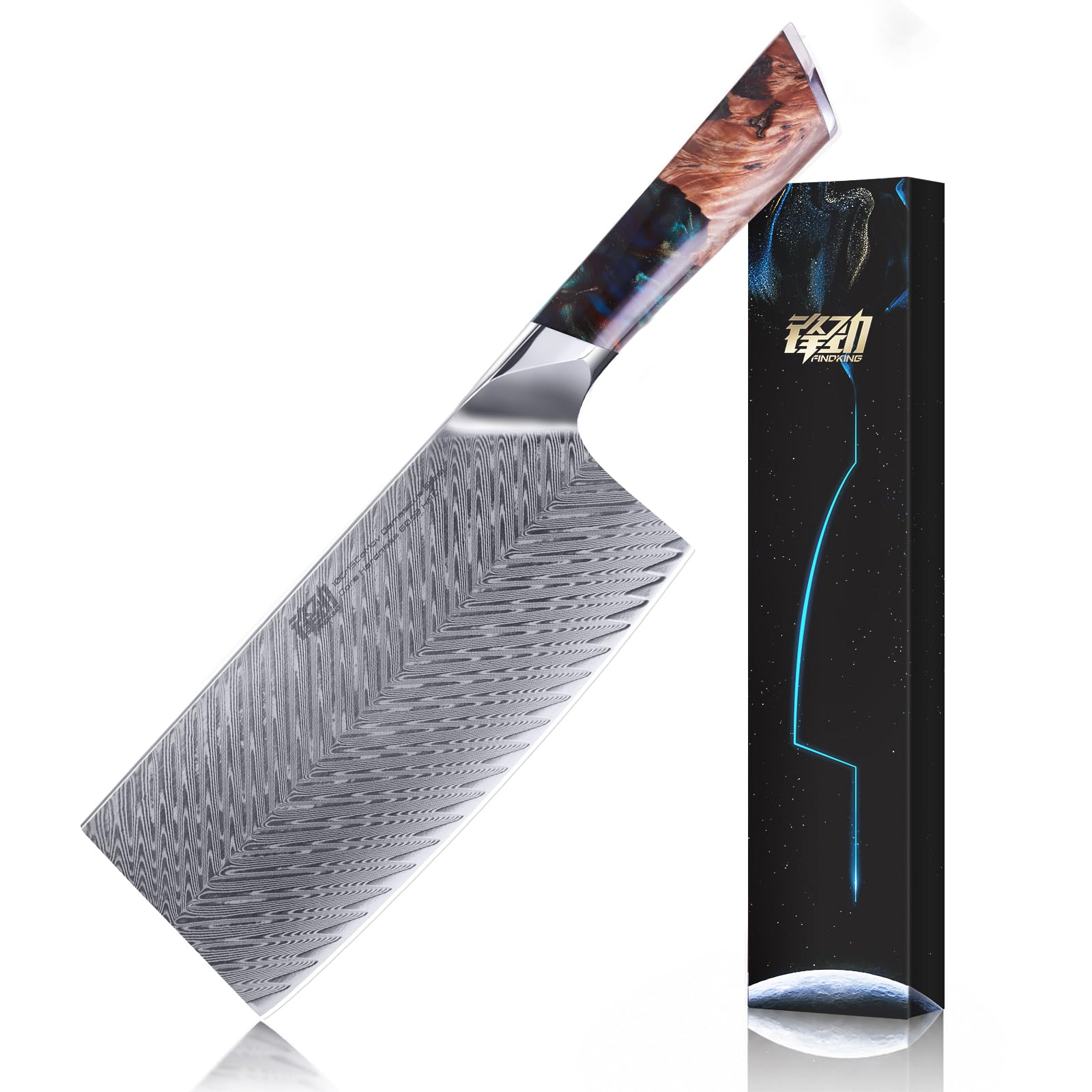 FINDKING Nebula Series Chef Knife with ABS Sheath, Multipurpose Japanese Gyuto Knife, 10Cr15CoMov Damascus Steel Blade, Resin and Figured Sycamore wood Handle, Full Tang, 8 Inch, Blue, for Meat — Amazon image 14