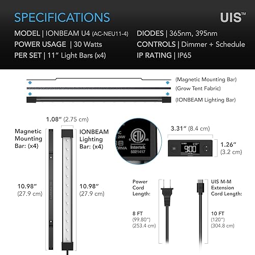 Miniatura 6 de AC Infinity IONBEAM U4, barras de luz LED UV de espectro objetivo de 11 pulgadas, kit de iluminación de 4 barras con diodos de 365 nm y 395 nm,