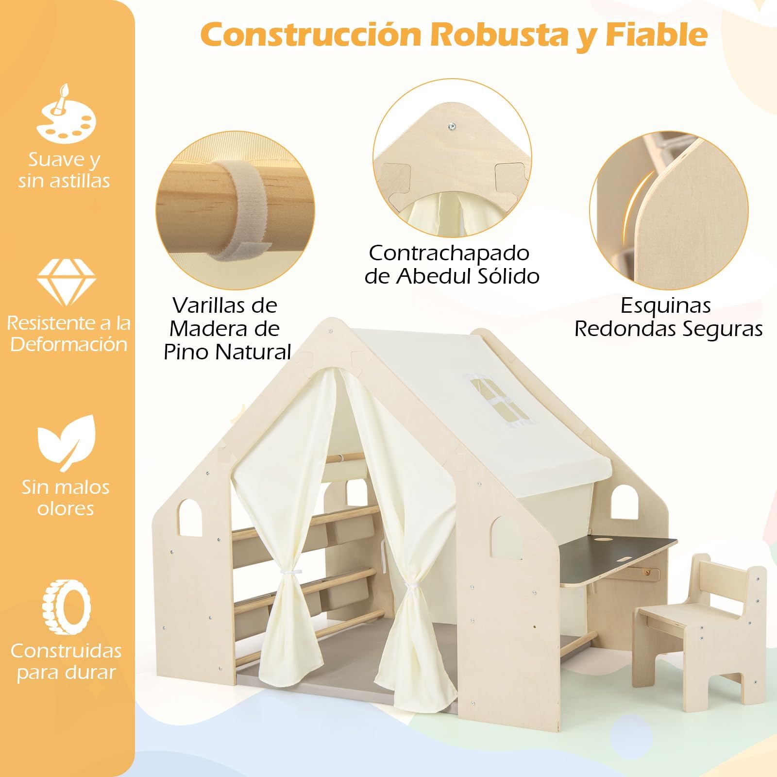 RELAX4LIFE 6 en 1 Tienda de Campaña Infantil con Estructura Madera, Mesa de Doble Cara, Silla, Pizarra, Alfombra y 6 Cajas, Parque Infantil Bebe con 2 Puertas y Ventana, Casita Infantil
