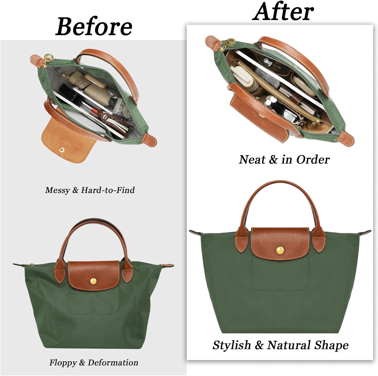 Ultra-light Purse Organizer Insert Compatible with Longchamp for Le Pliage Original/Green M Tote Bag, Water-proof Dupontpaper Bag Organizer Insert, Keeps Bags Neat(M,White Compartments)