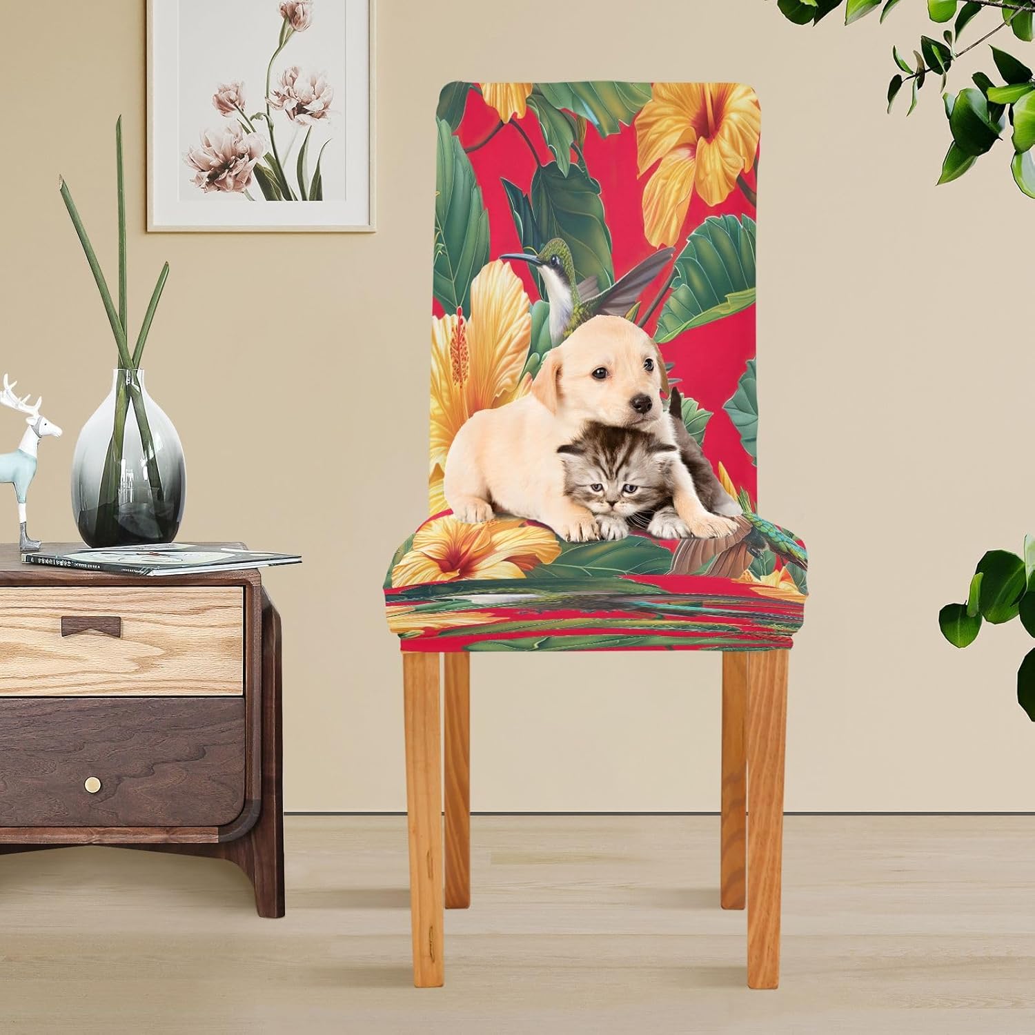 Vibrant Red Green Hummingbirds Kitchen Chair Slipcovers Fabric Seat Covers for Dining Room Chairs, Slipcovers for Parson Chairs