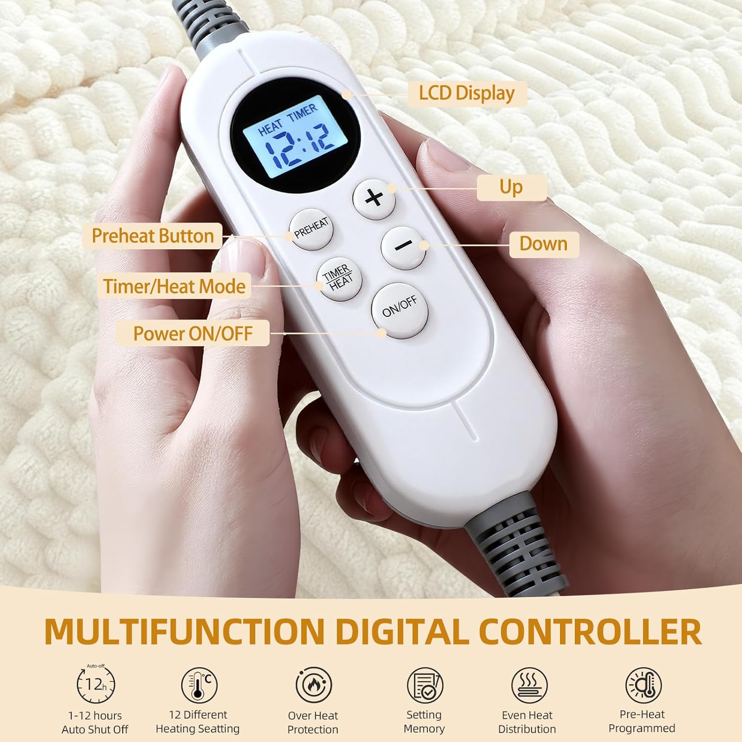 Heated Blanket Flannel Throw Blanket, 50"X 60" Electric Heating Blanket with ETL & FCC & 12 Heating Levels & Auto Shut Off，Machine Washable (Milky White) - Image 5