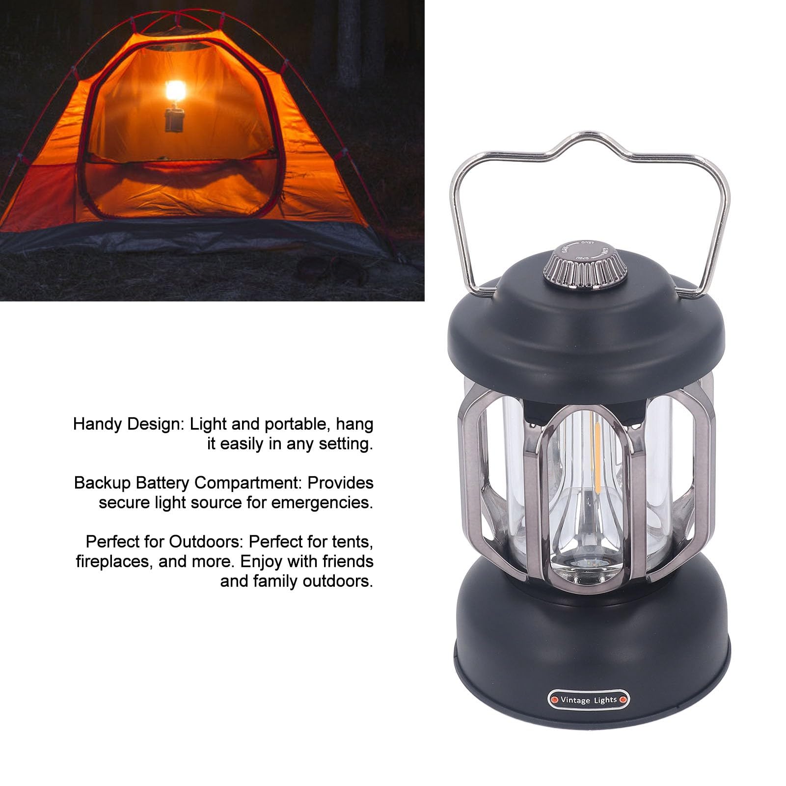 SIXRUN Retro-Campinglaterne, ABS-Vintage-Campinglampe mit Wiederaufladbarem Typ-C-Akku, 3 Lichtmodi, Dimmbares, Wasserdichtes Hakendesign für den Notfallgebrauch Im Zelt, Garten, Terrasse (BLACK)