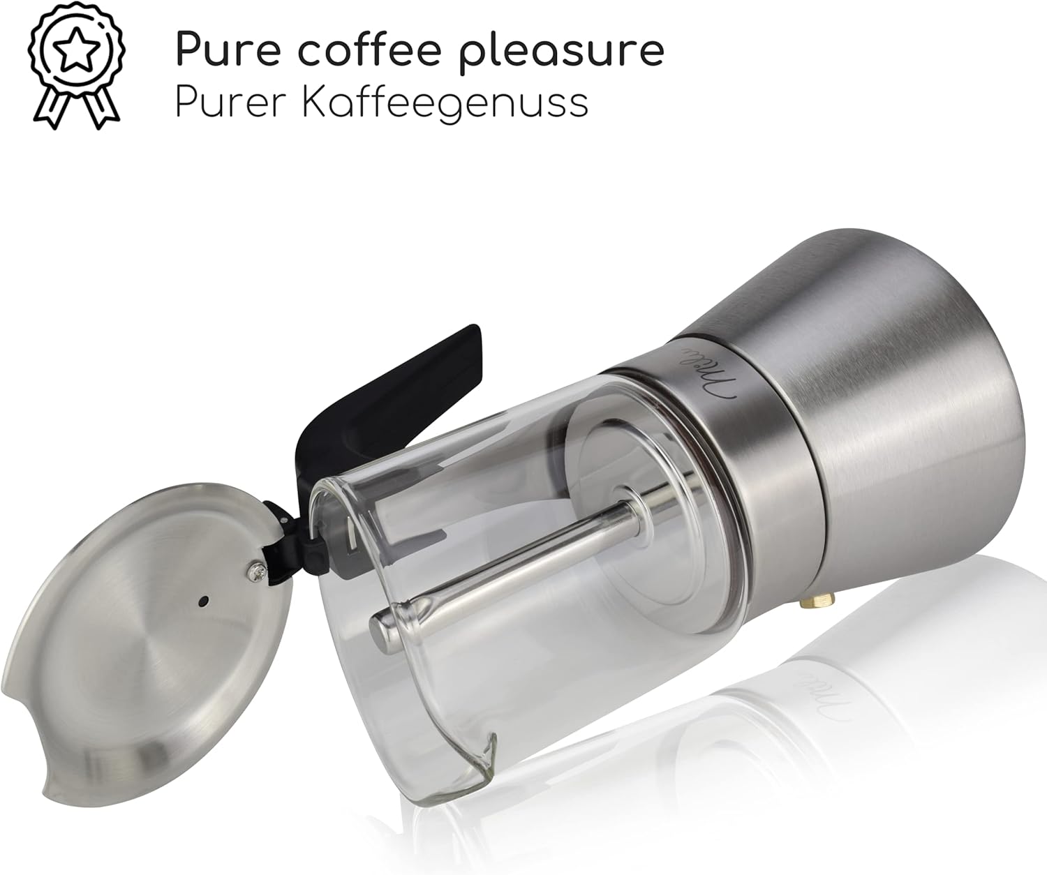 Milu Espresso Maker Suitable for Induction Cookers, 4, 6 Cups, Stainless Steel Glass Mocha Pot, Espresso Pot, Espresso Maker Set Including Coaster, Spoon, Brush (4 Cups 200 ml)