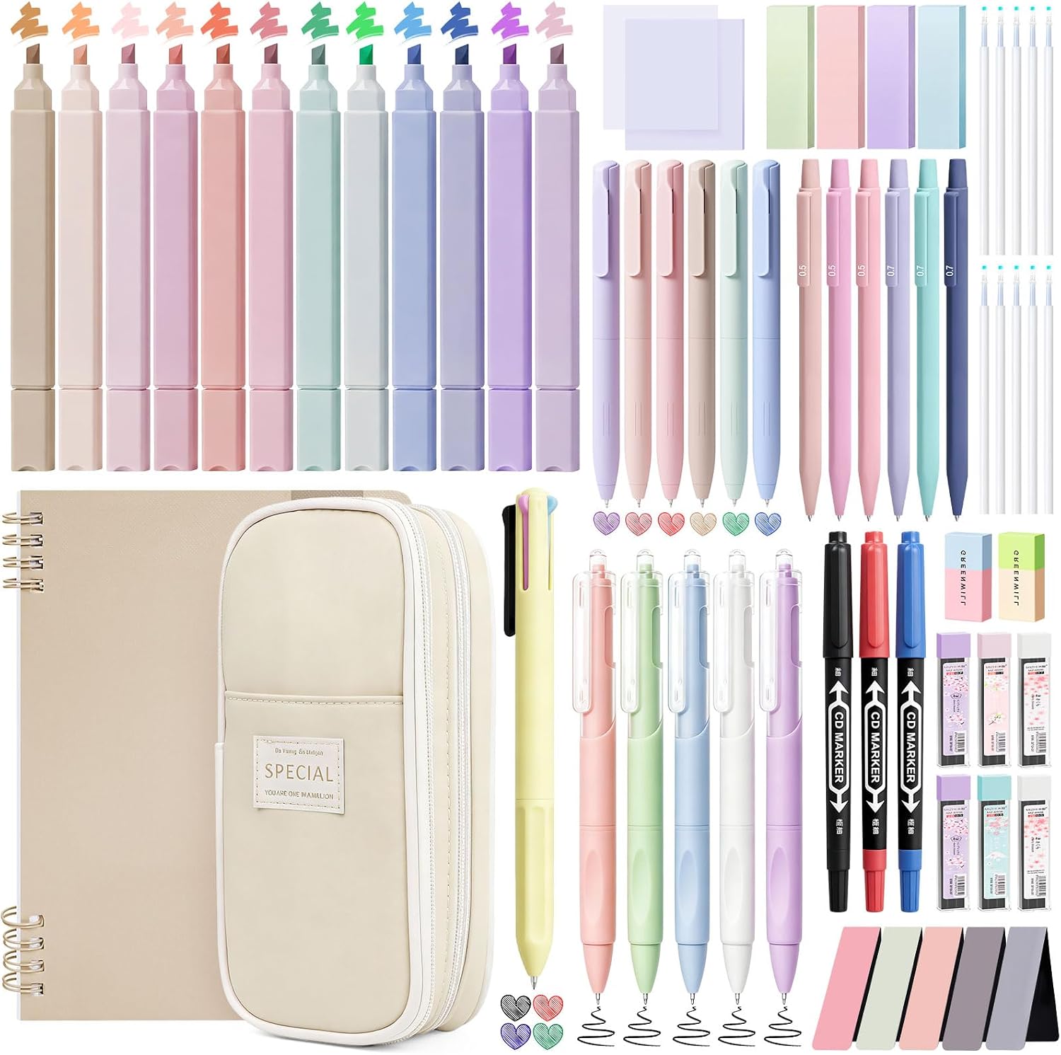 63PCS Stationery Set Aesthetic School Supplies with Pen Case & Notebook