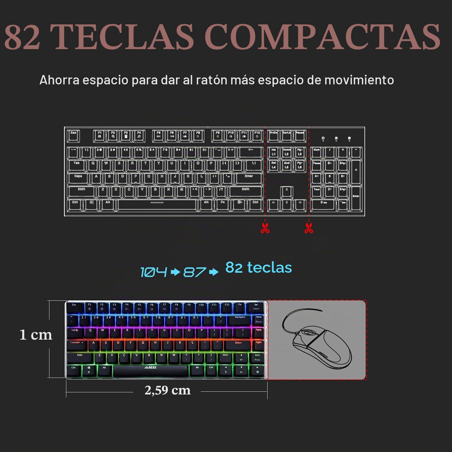 AK33 80% Teclado Mecánico para Juegos Mechanical Game Interruptor Azul 19 RGB Chroma LED Retroiluminación USB-C Cable 82 Teclas Anti-Ghosting QWERTY Panel de Metal para PC Mac y Portátil-Negro