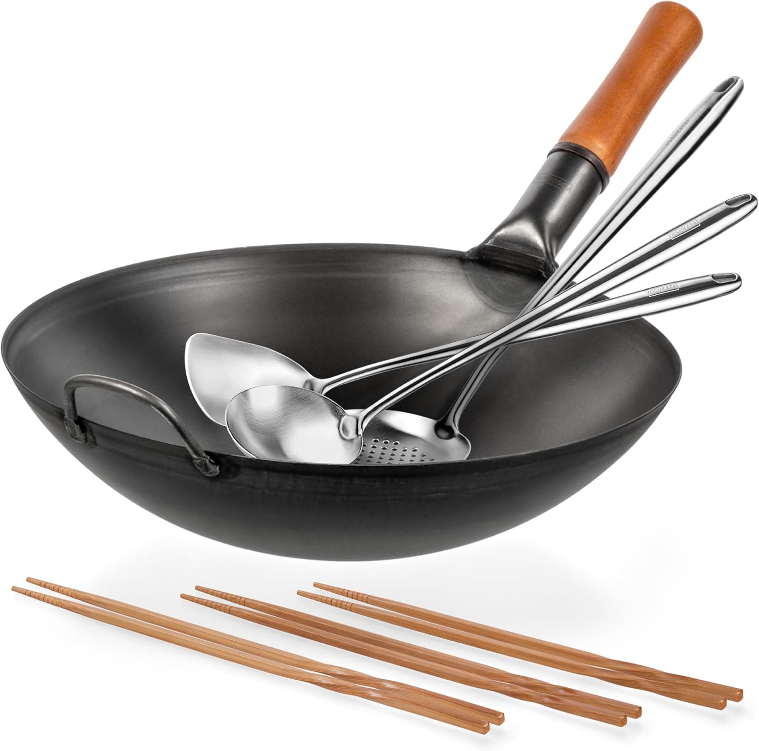 YOSUKATA Carbon Steel Woks and Stir Fry Pans 14in with Round Bottom Wok + 17" Wok Spatula and Ladle Skimmer Spoon + Reusable Natural Wooden Long Cooking Chopsticks Set of 3