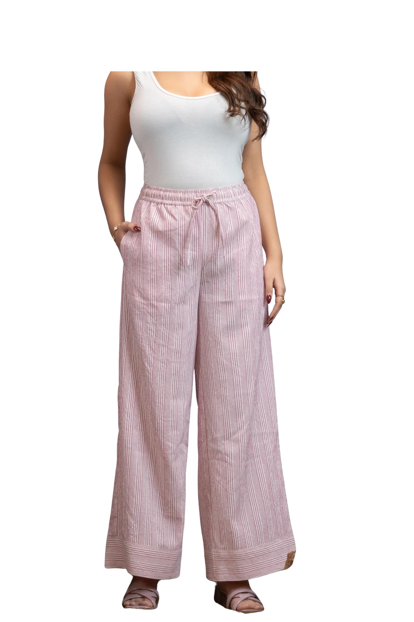 Women Relaxed Fit Striped Pyjama Woven Fabric Mid Rise Elastic Waist with Drawstring Casual Wear Regular Length Comfortable Lounge Bottom Stylish Everyday Wear-image-48