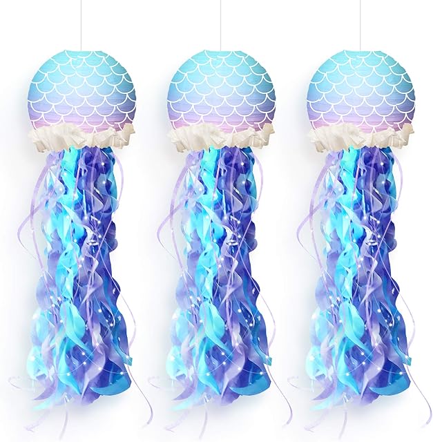 NICROLANDEE Birthday Party Decorations - 3Pcs Purple Blue Hanging Mermaid Paper Lanterns DIY Glitter Tassel for Mermaid Under The Sea Ocean Event Birthday Baby Shower Party Supplies