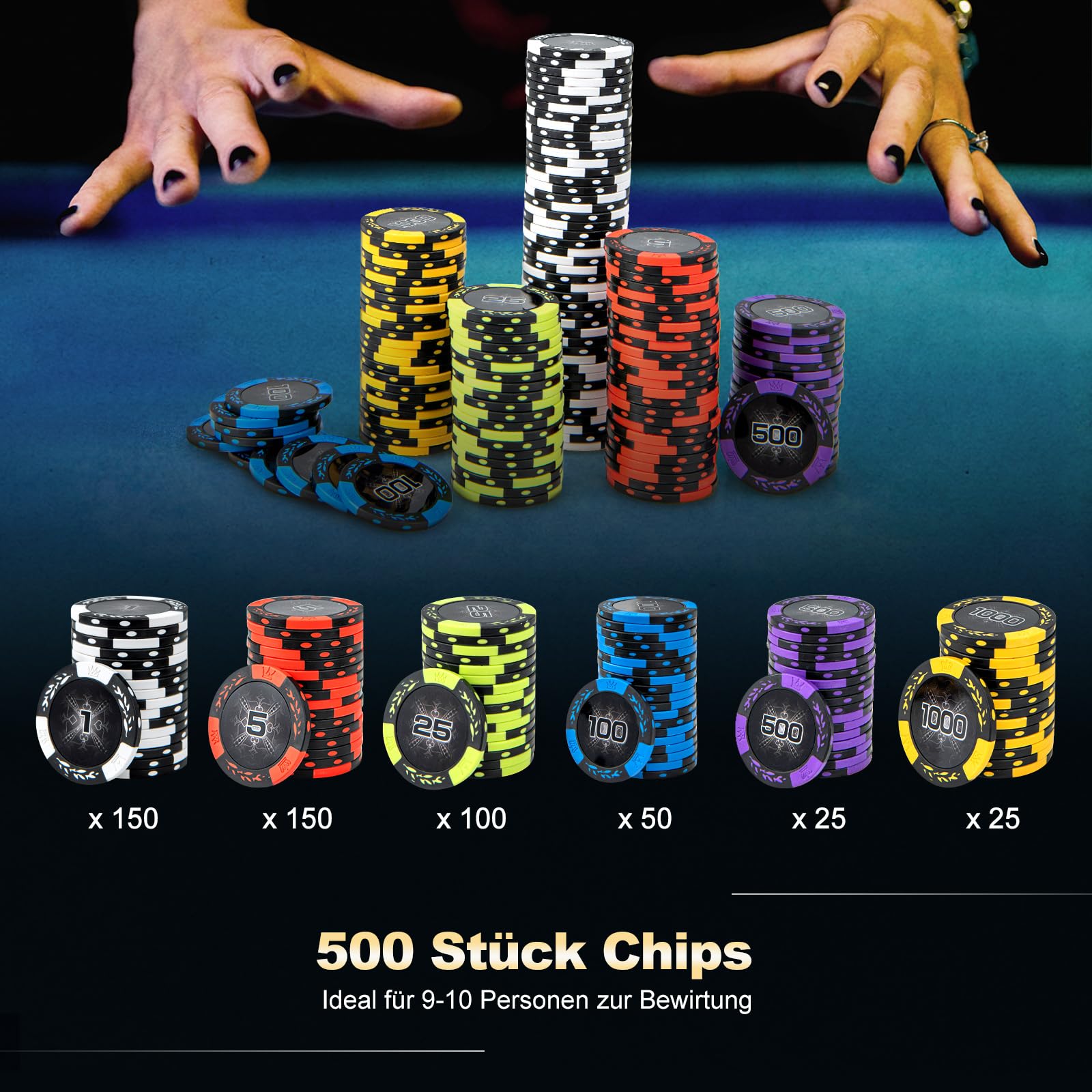 Set De Poker 500 Jetons Avec Mallette Aluminium - Jetons 12g Noyau Métal - 2 Jeux De Cartes, 5 Dés, Boutons Dealer - Texas Hold'em