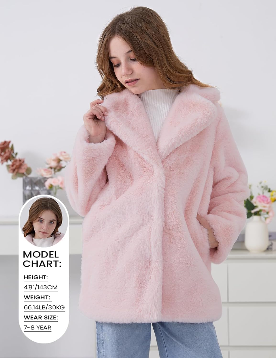 Girls Faux Fur Coat Fluffy Lapel Furry Jacket Shaggy Winter Long Warm Coats