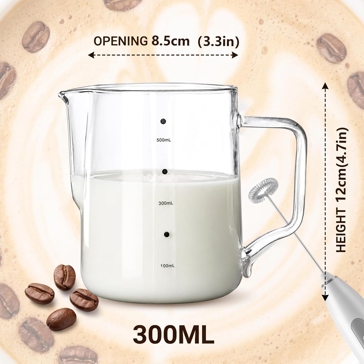 Milk Frothing Pitcher 500ml, Transparent Glass Milk Steaming Pitcher