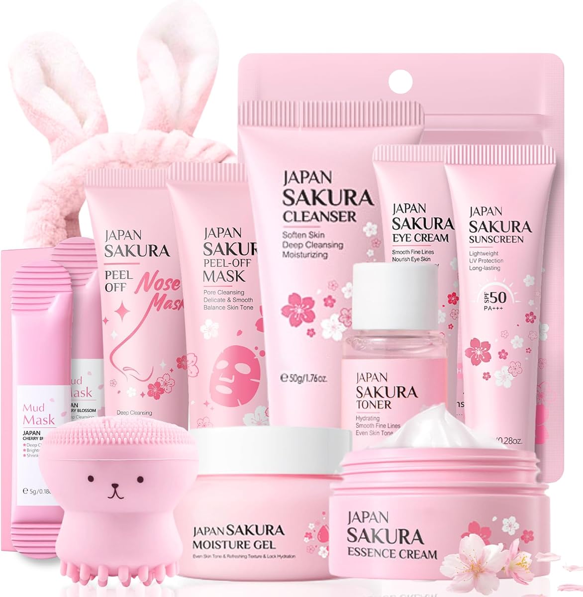 Skincare Kit Sakura Teen Girls Gifts - Skin Care Set Travel Size Toiletries - Sakura Skin Care for Teens 10-12 Hydrating - Teen Facial Kit Gift Set for Women with Bunny Headband（11PCS）