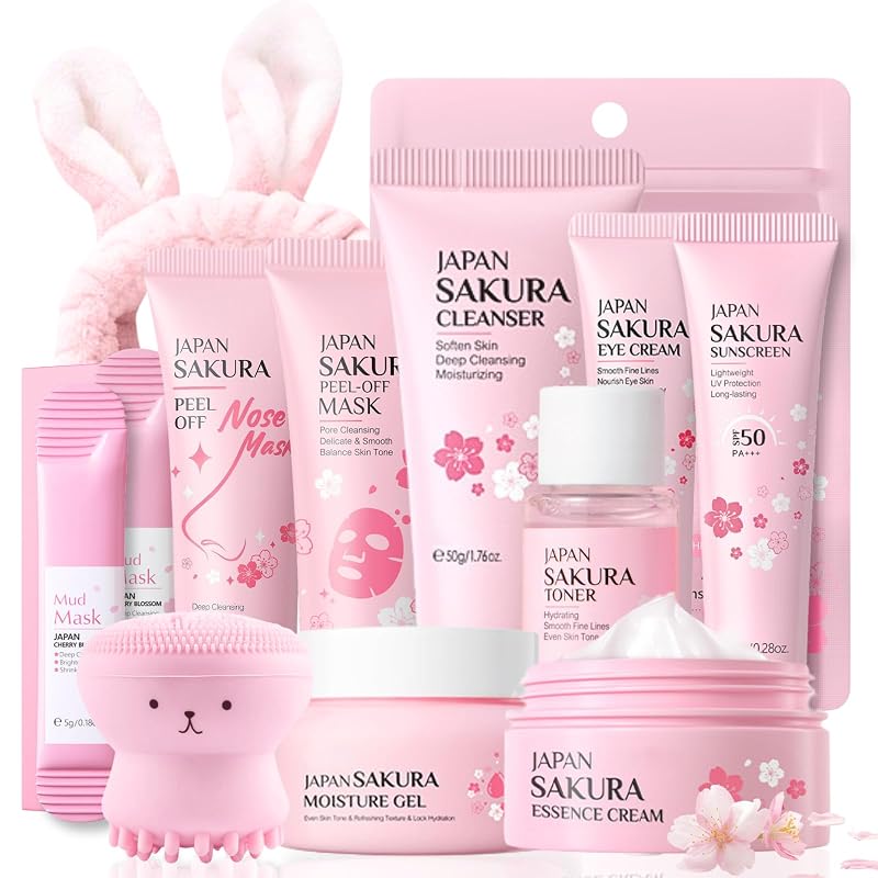 Evolvique Kit de Cuidados Faciais Sakura com 11 Peças e Faixa de Coelho