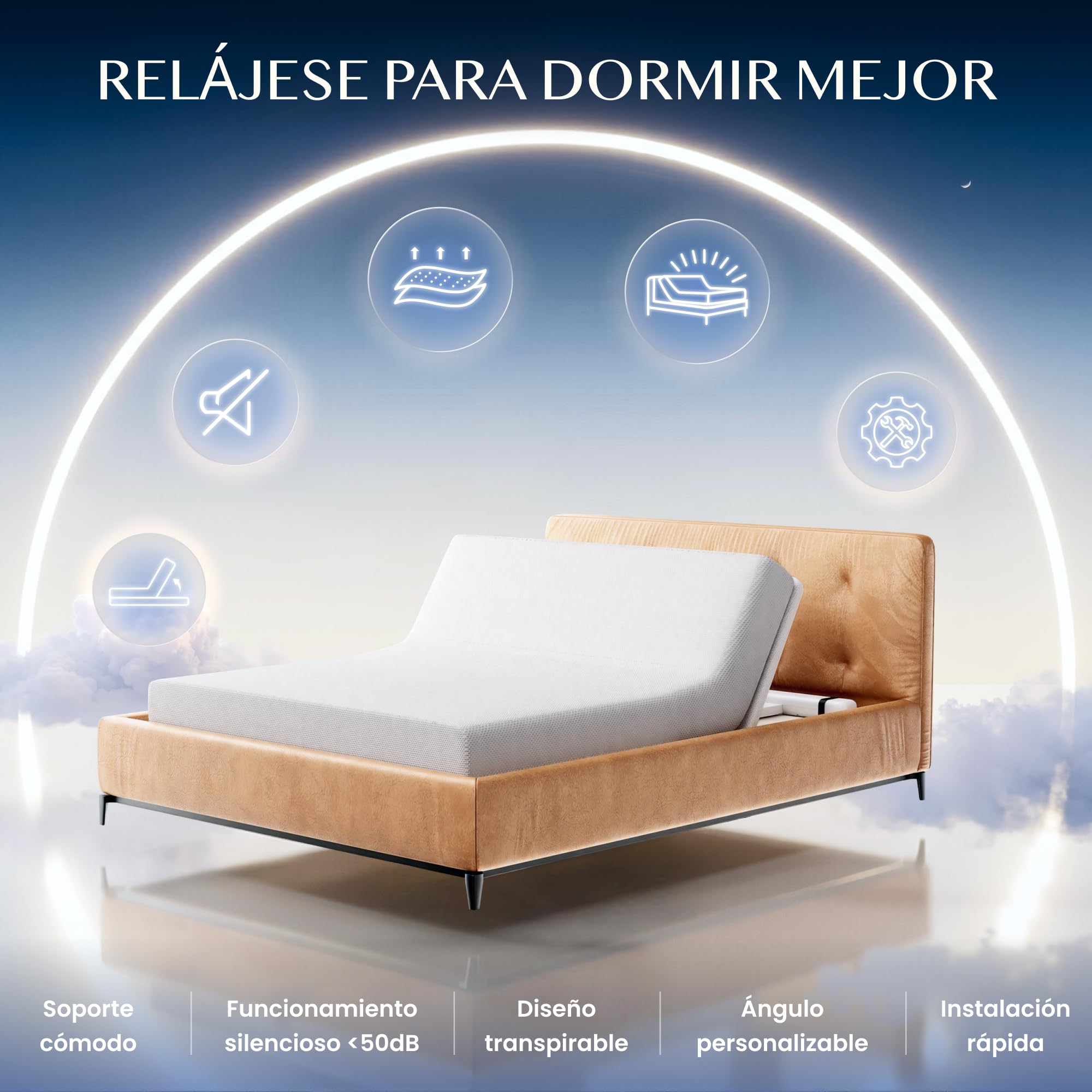 FLEXISPOT Somier Eléctrico Ajustable 0-60°, Motor Potente y Silencioso, Carga Máx. 90 kg, Estructura de Acero Estable con Barra Antideslizante para Colchón, Ideal para Dormitorio y Descanso en Casa