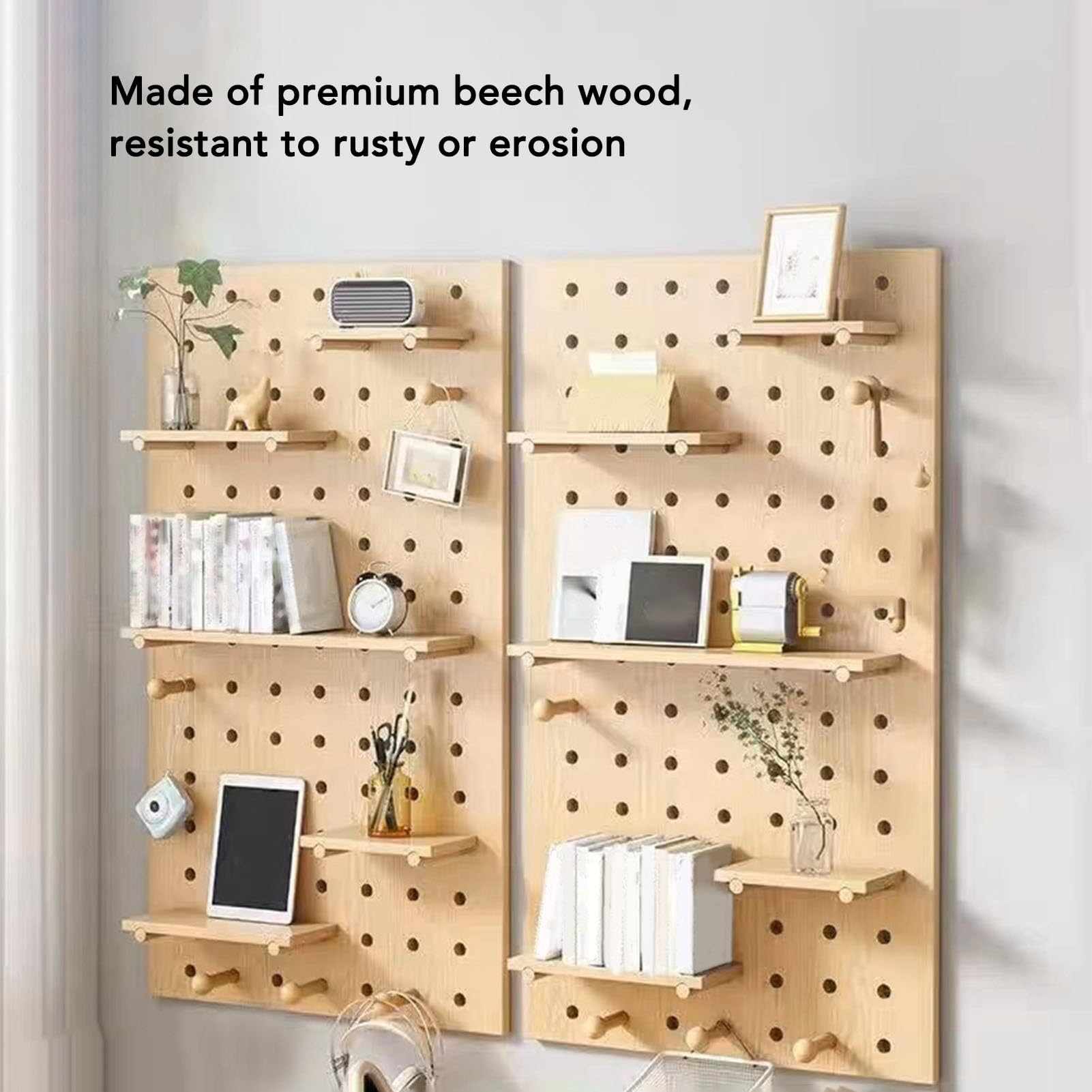 Drewniana Tablica Pegboard, Organizer ścienny z Drewna Bukowego 40x60 Cm, Konfigurowalny i Oszczędzający Miejsce Panel do Przechowywania z łatwym Montażem Akcesoria do łazienki w Domowym