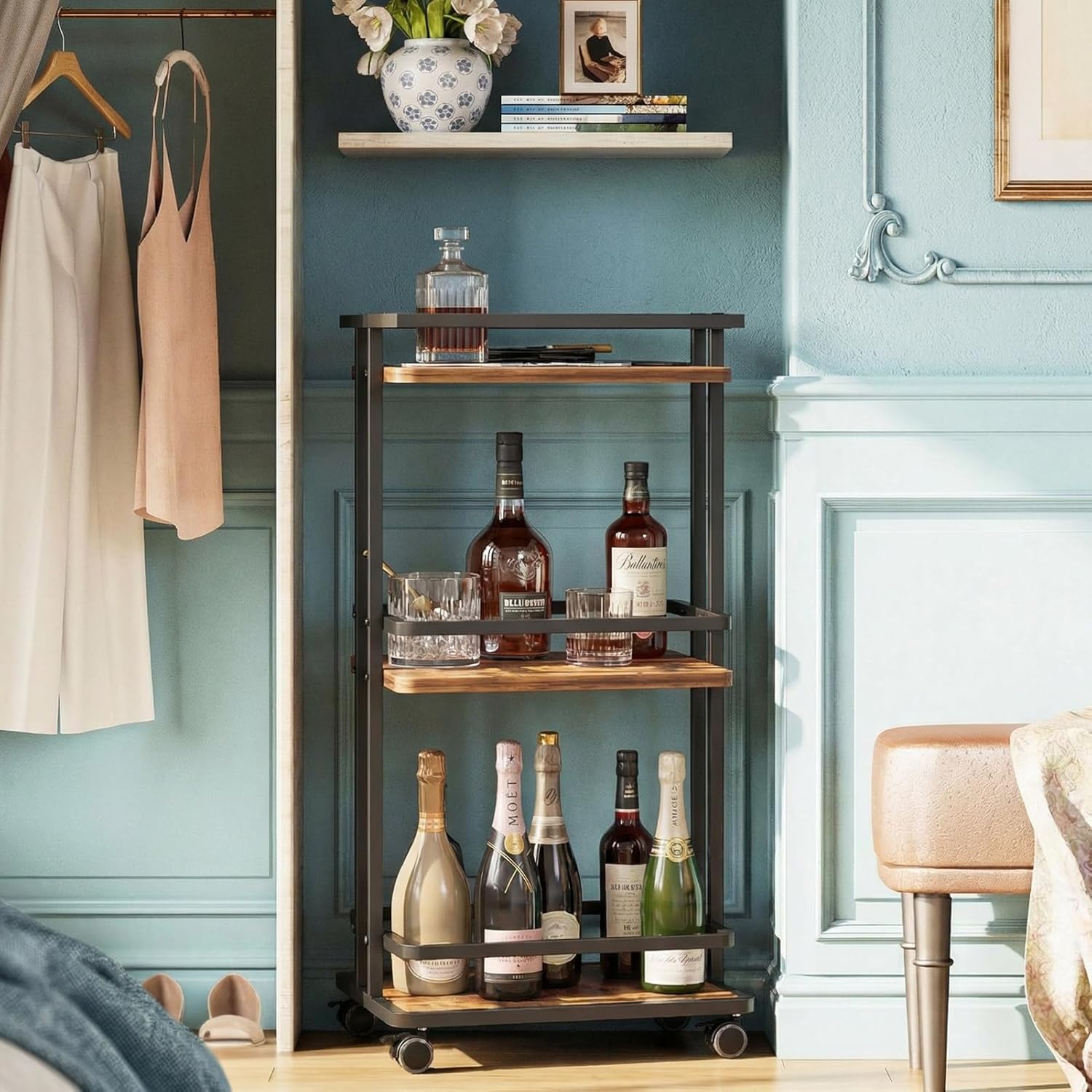 Bar Carts for the Home with Wheels, 3 Tier Beverage Bar Cart with Storage Shelves, Coffee Bar Cabinet for Your Home Entertainment