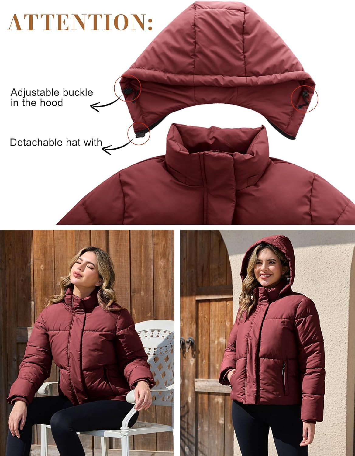 PEHMEA Women's Winter Cropped Puffer Jacket, Full Zip Thicken Short Coat with Detachable Hood - Image 5