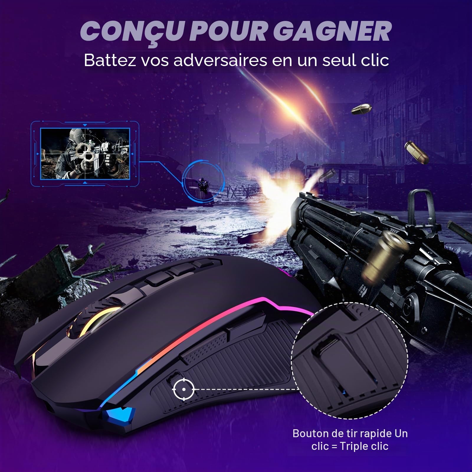 Redragon M914P Souris Gamer sans Fil,RVB Tri-Mode 2.4 G/USB-C/Bluetooth,12000 PPP,9 Boutons Programmable avec Bouton de Feu,70 Heures Rechargeable,Souris Gaming de Jeu pour PC/Mac - Noir
