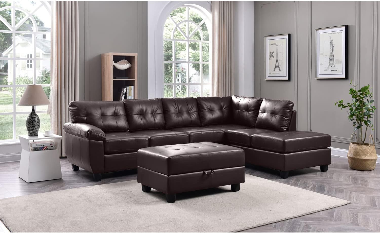 HomeStock Boho Beauty Reversible Faux Leather Upholstered Sectional Sofa- 111" D x 78" W x 32" H, Comfortable Tufted Seating, Stylish and Durable Cappuccino