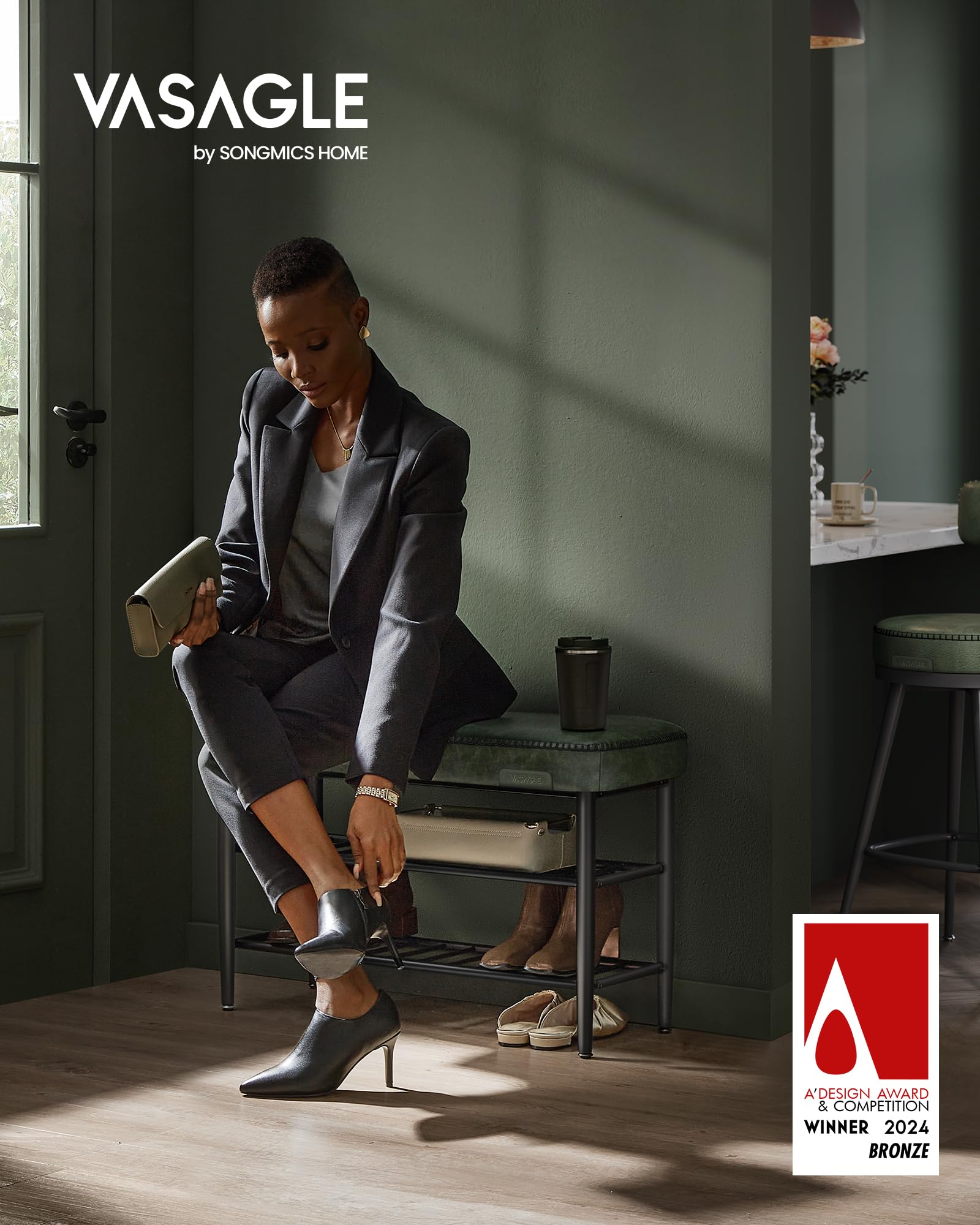 VASAGLE Banco Zapatero, Piel Sintética, Carga 135 kg, 30 x 80 x 50 cm | Banco de Almacenaje, Zapatero de Entrada, Con Costuras, Moderno de Siglo Mediados, Verde Bosque, EKHO Colección LSB054C01