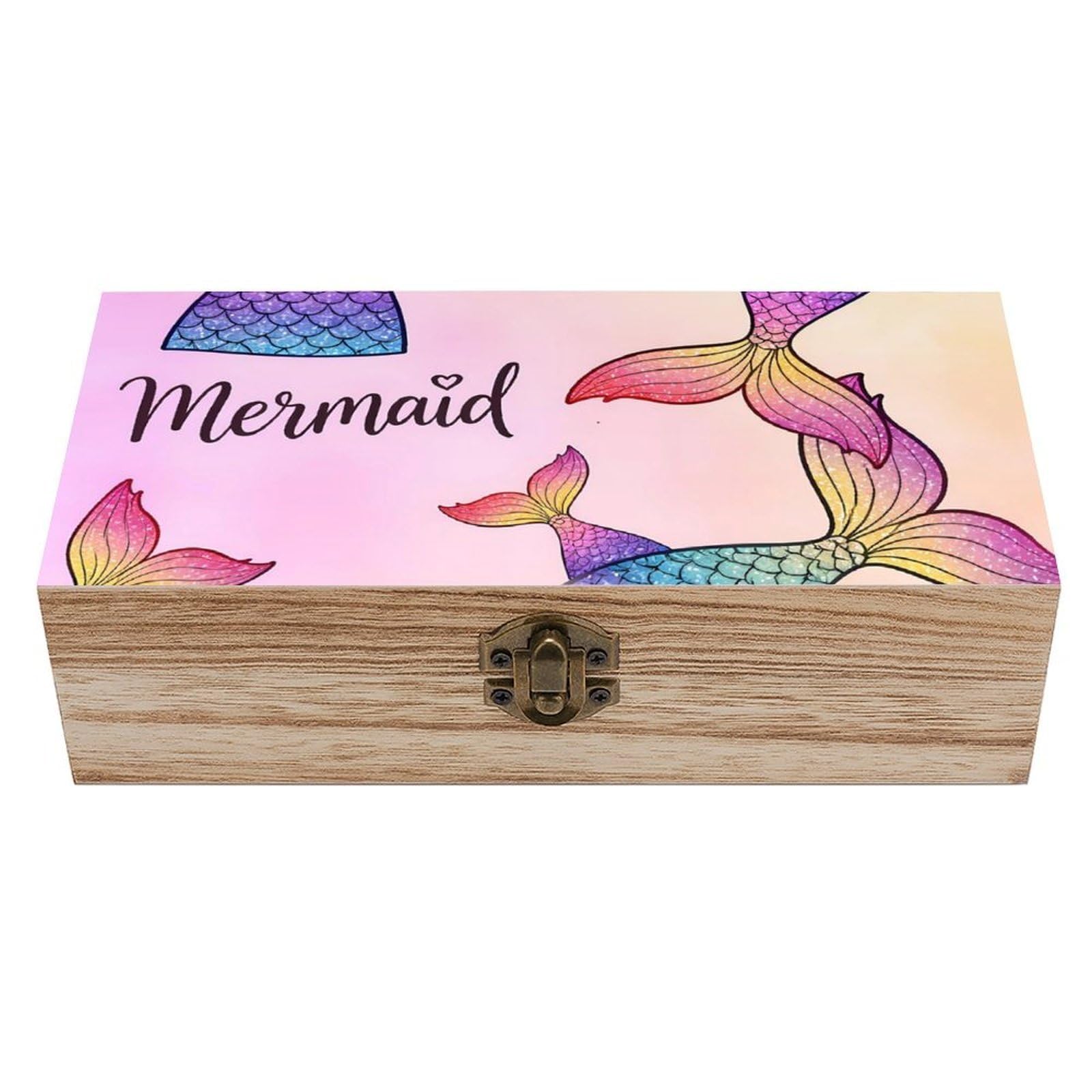 HLBSDM Mermaid Pink Tail Scales Wooden Storage Box